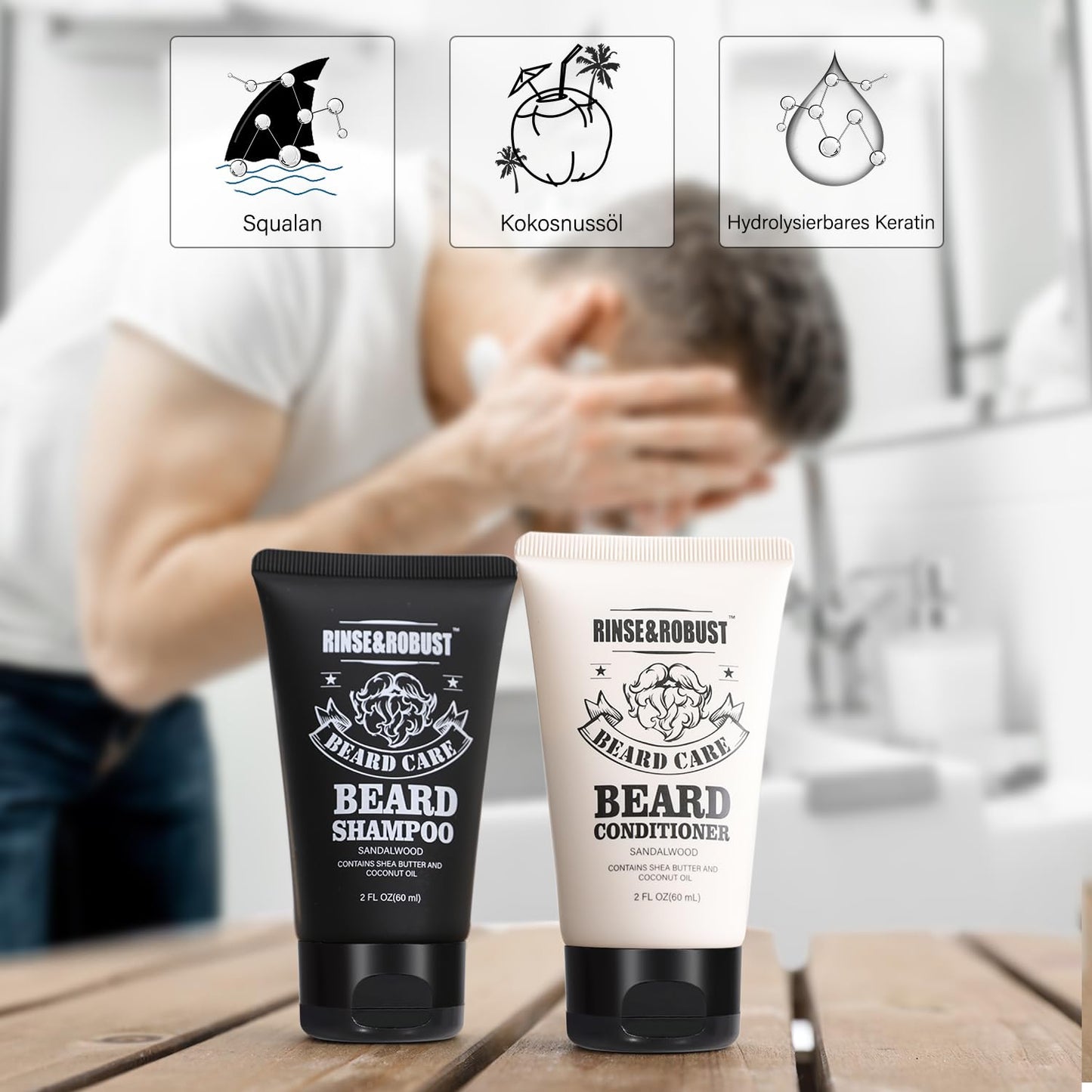 Rinse & Robust Beard Kit for Men, Christmas Gifts for Him, Beard Care & Grooming Travel Set, Beard Oil & Balm Gift Set with Toiletry Bag, Holiday Beauty and Personal Care Rinse & Robust
