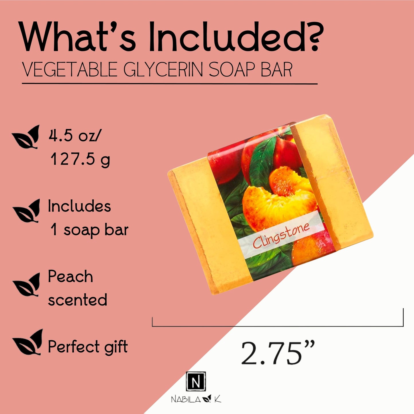 Nabila K Clingstone Glycerin Bar Soap | Fresh Peach Scent | Natural, Vegan, Hypoallergenic | 100% Vegetable Glycerin, Sulfate-Free, Paraben-Free | 4.5 Beauty & Personal Care Nabila K