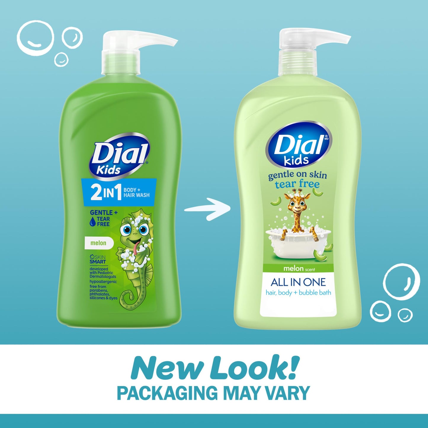 Dial Kids All-in-1 Body Wash + Hair + Bubble Bath, Melon Scent, 32 Fl Oz, Hypoallergenic Body Wash & Shampoo, No Tears Formula for Kids 2+ Years, No Beauty & Personal Care Dial