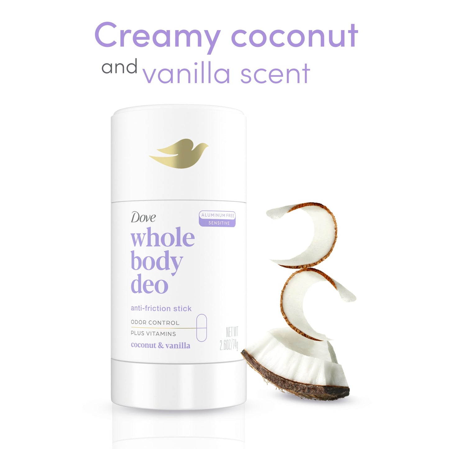Dove Whole Body Deo Aluminum Free Anti-Friction Deodorant Stick Coconut + Vanilla for All Day Odor Control 2.6 oz Beauty and Personal Care Dove