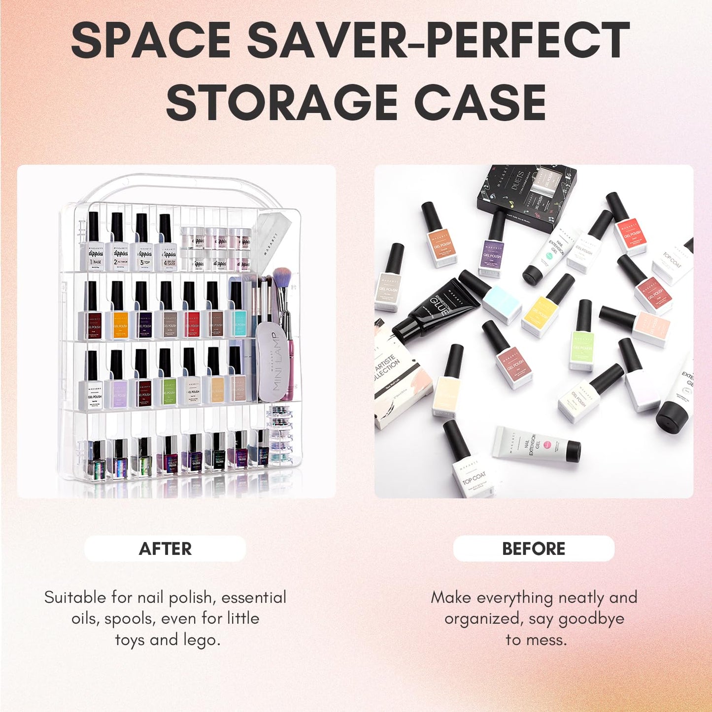 Makartt Gel Nail Polish Organizer, Clear Storage Case Holder for 60 Bottles, Large Compartment, Space-Saving, Travel Carry, Colors Display Beauty & Personal Care Makartt