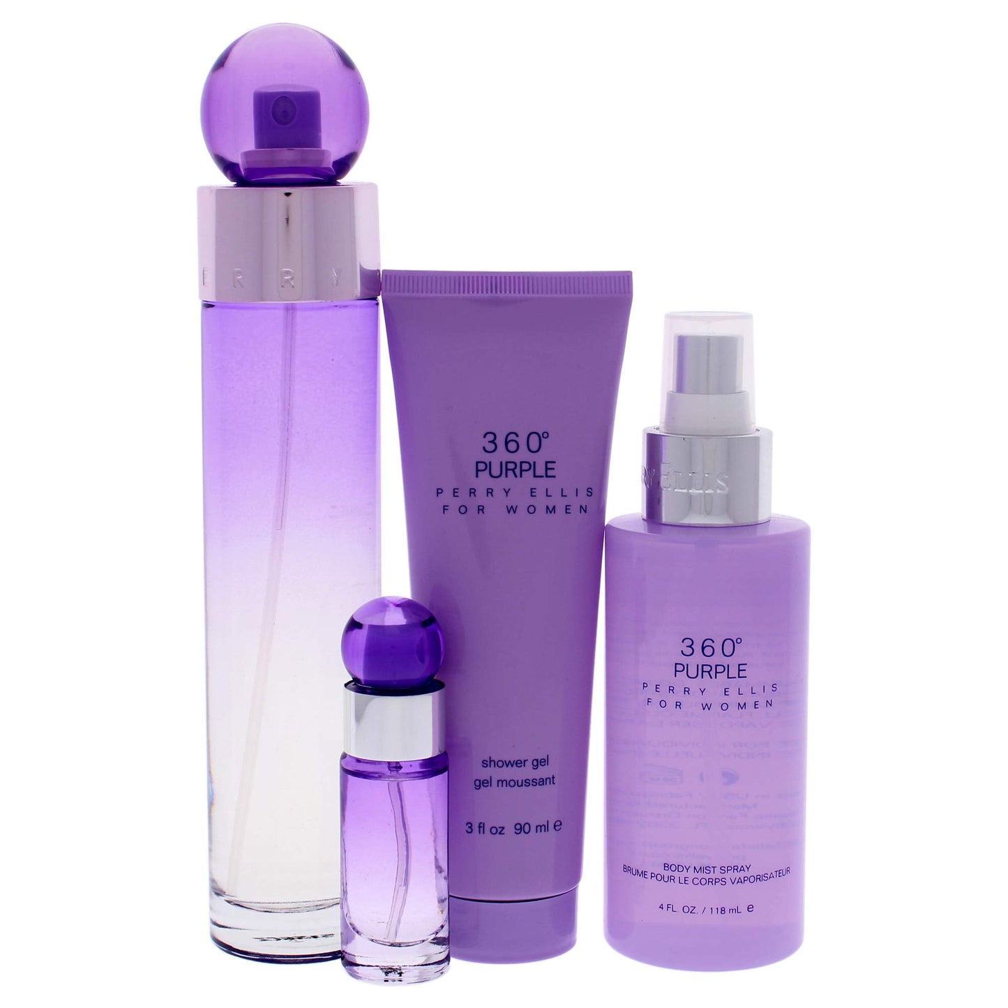 Perry Ellis 360 Purple Women 3.4oz EDP Spray, 7.5ml EDP Mini Spray, 4oz Body Mist, 3oz Shower Gel 4 Pc Gift Set Beauty & Personal Care Perry Ellis