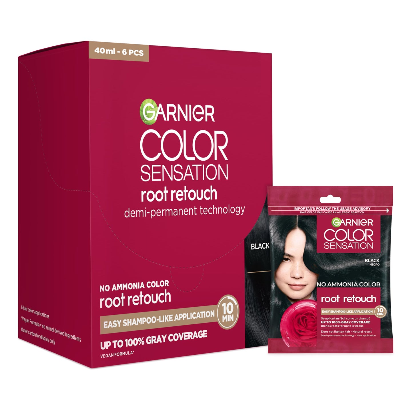 Garnier Color Sensation Root Retouch, Demi Permanent Hair Dye for Roots with 100% Gray Coverage and No Ammonia, Black Hair Dye 1.0, Pack of 6 Beauty & Personal Care Garnier