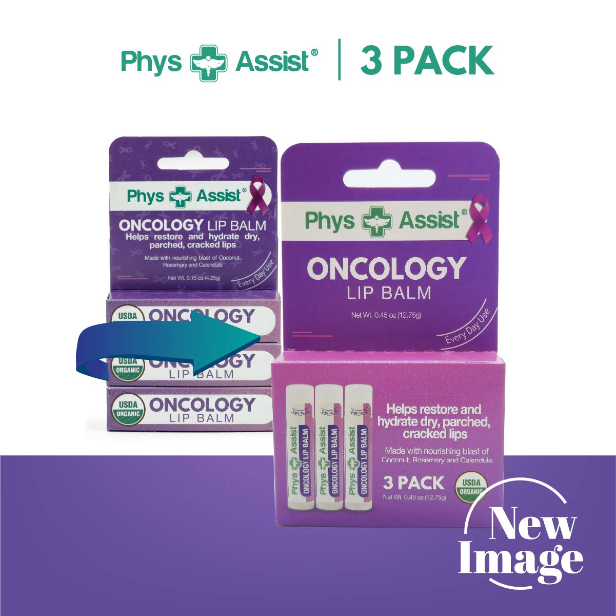 Oncology Lip Balm USDA Organic, Hydrate Dry, Parched Lips. Moisturizing -3 Pack Beauty & Personal Care PhysAssist