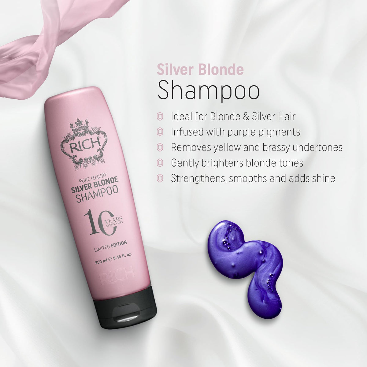 RICH Pure Luxury Silver Blonde Shampoo - Purple Shampoo for Blonde, Platinum, Bleached, Silver, Gray, Ash & Brassy Hair - No Yellow Tones - 8.45 Oz