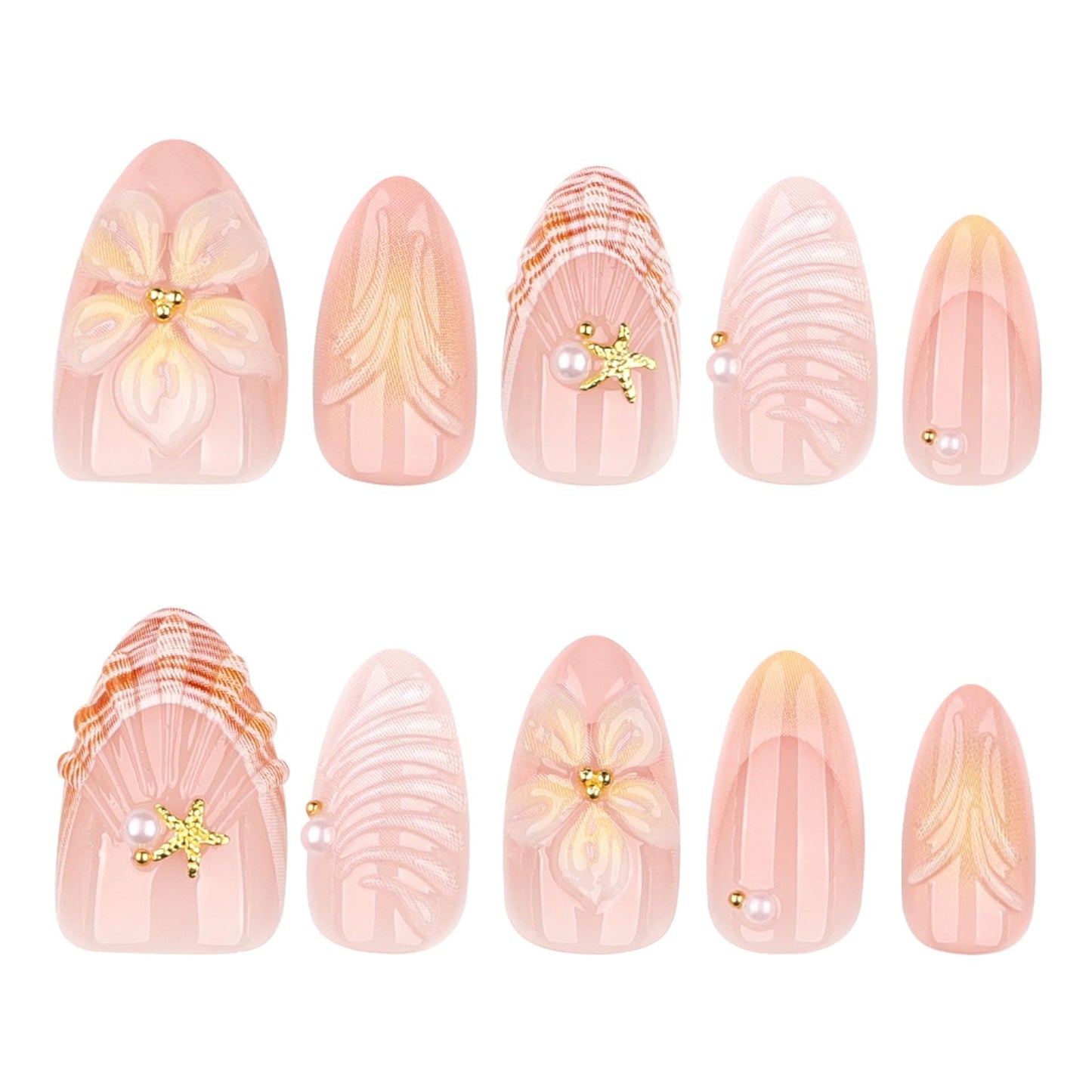 CTTHNBD Almond Press on Nails Short - Summer Fake Nails with Shell Starfish Design - French Tip, Flower False Nails for Women - 24 Pcs Beauty and Personal Care CTTHNBD