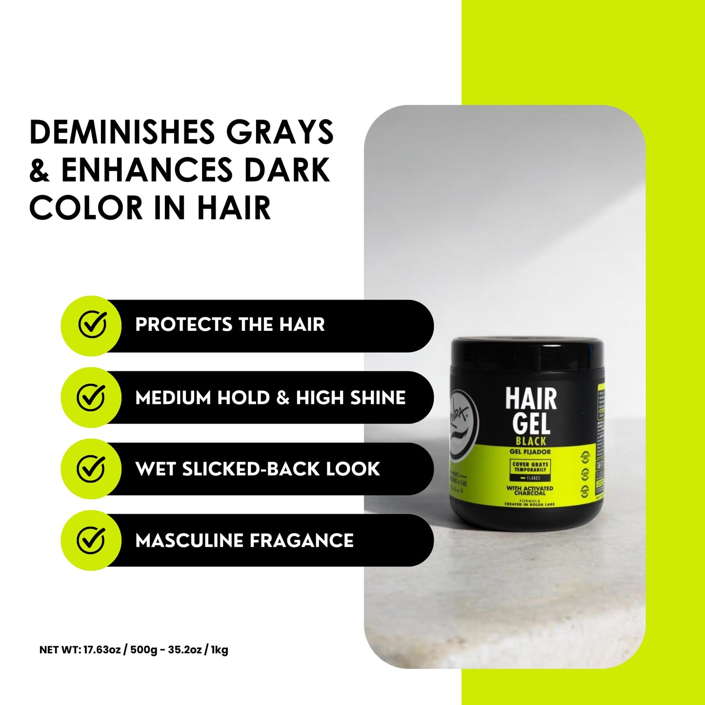Rolda Black Hair Gel for Men - Medium Hold Styling Gel with Activated Charcoal for Wet Look - Covers Grays & Enhances Black Hair - Flake + Alcohol Beauty & Personal Care Rolda
