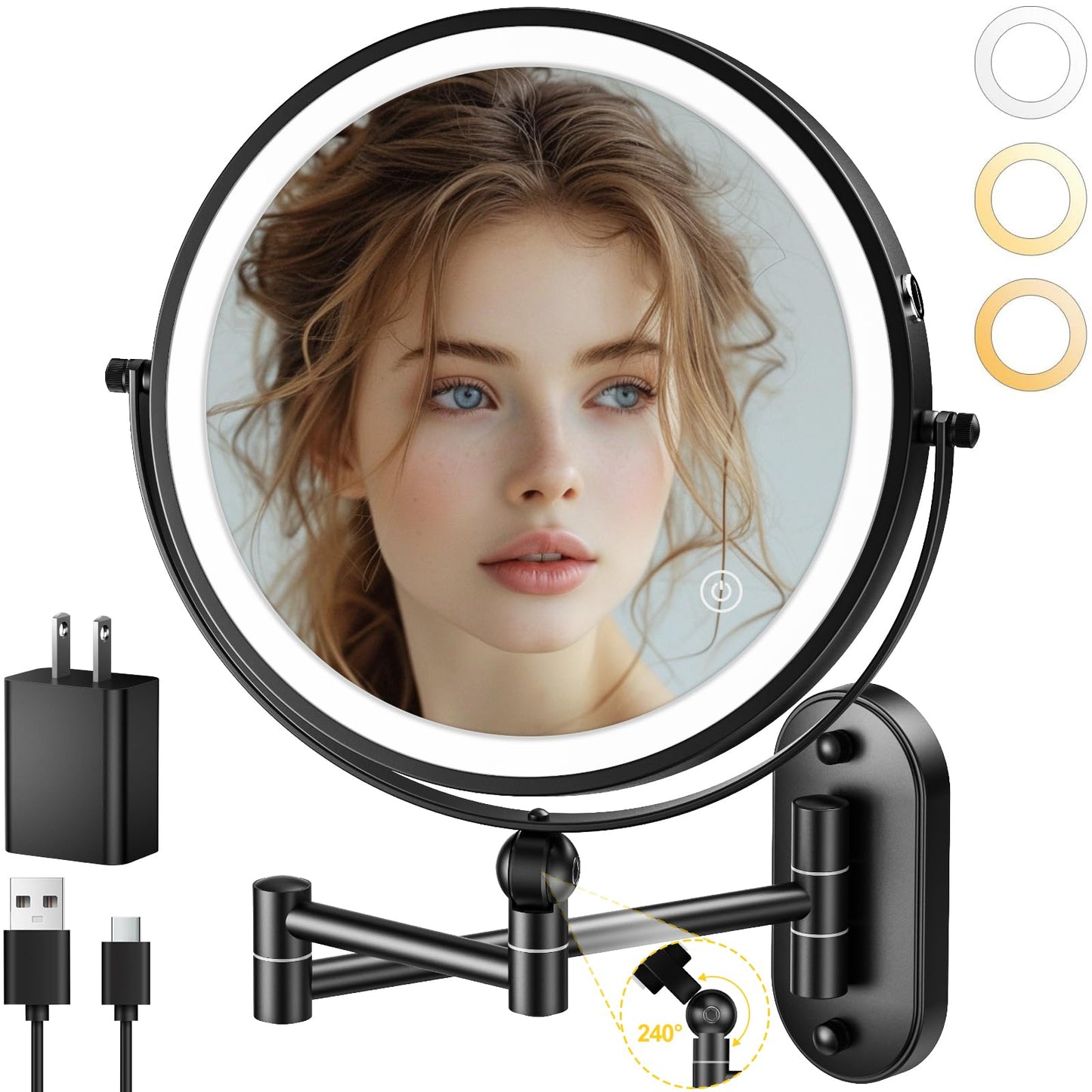 IMIKONA 8 Inch Vanity Makeup Mirror Wall Mounted, Double Sided 1X/10X LED Magnifying Mirror, 3 Color Lights & 360°Swivel 13 Inch Extendable Bathroom Beauty and Personal Care IMIKONA Default Title
