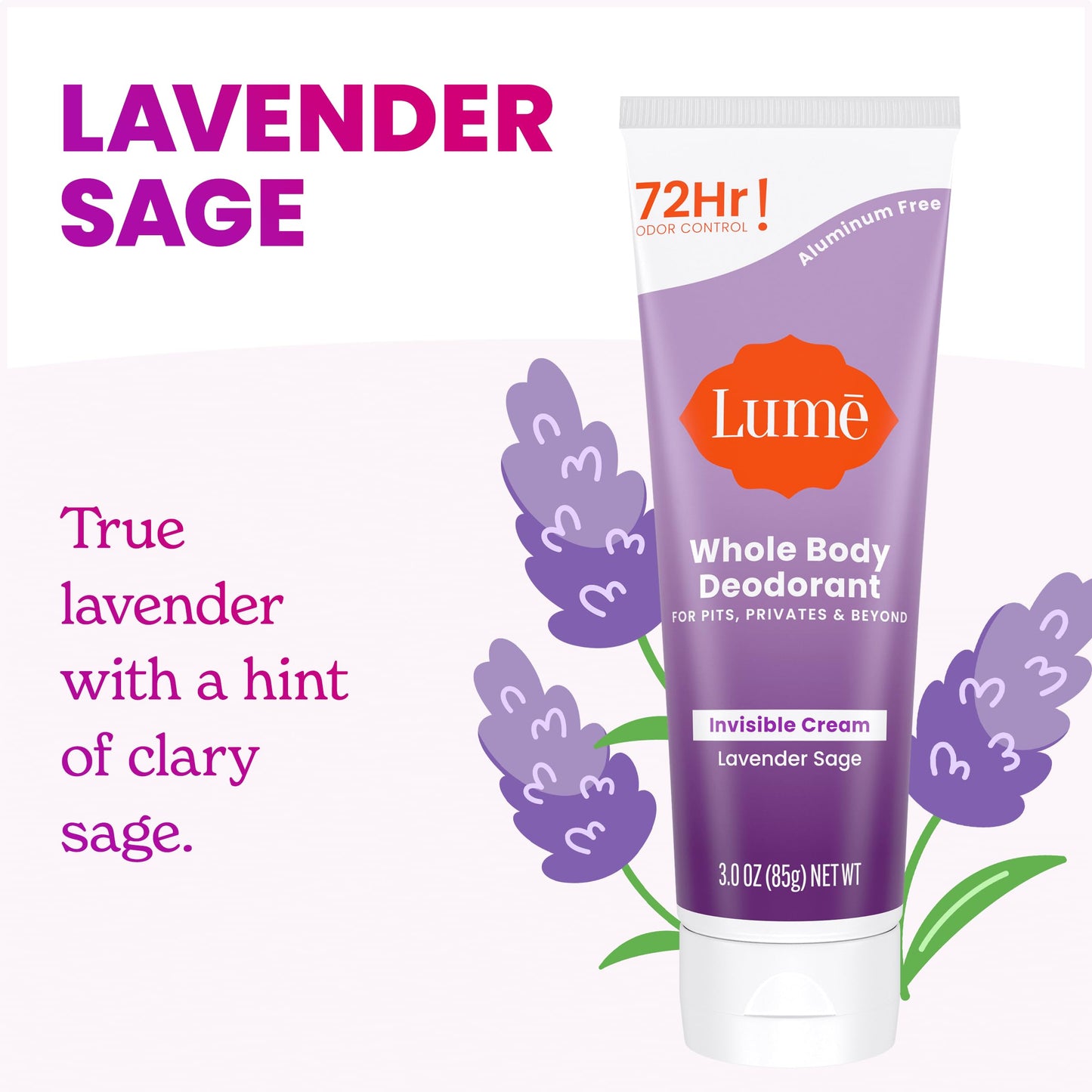 Lume Whole Body Deodorant - Invisible Cream Tube - 72 Hour Odor Control - Aluminum Free, Baking Soda Free, Skin Safe - 3.0 ounce (Pack of 2) (Lavender Beauty and Personal Care Lume