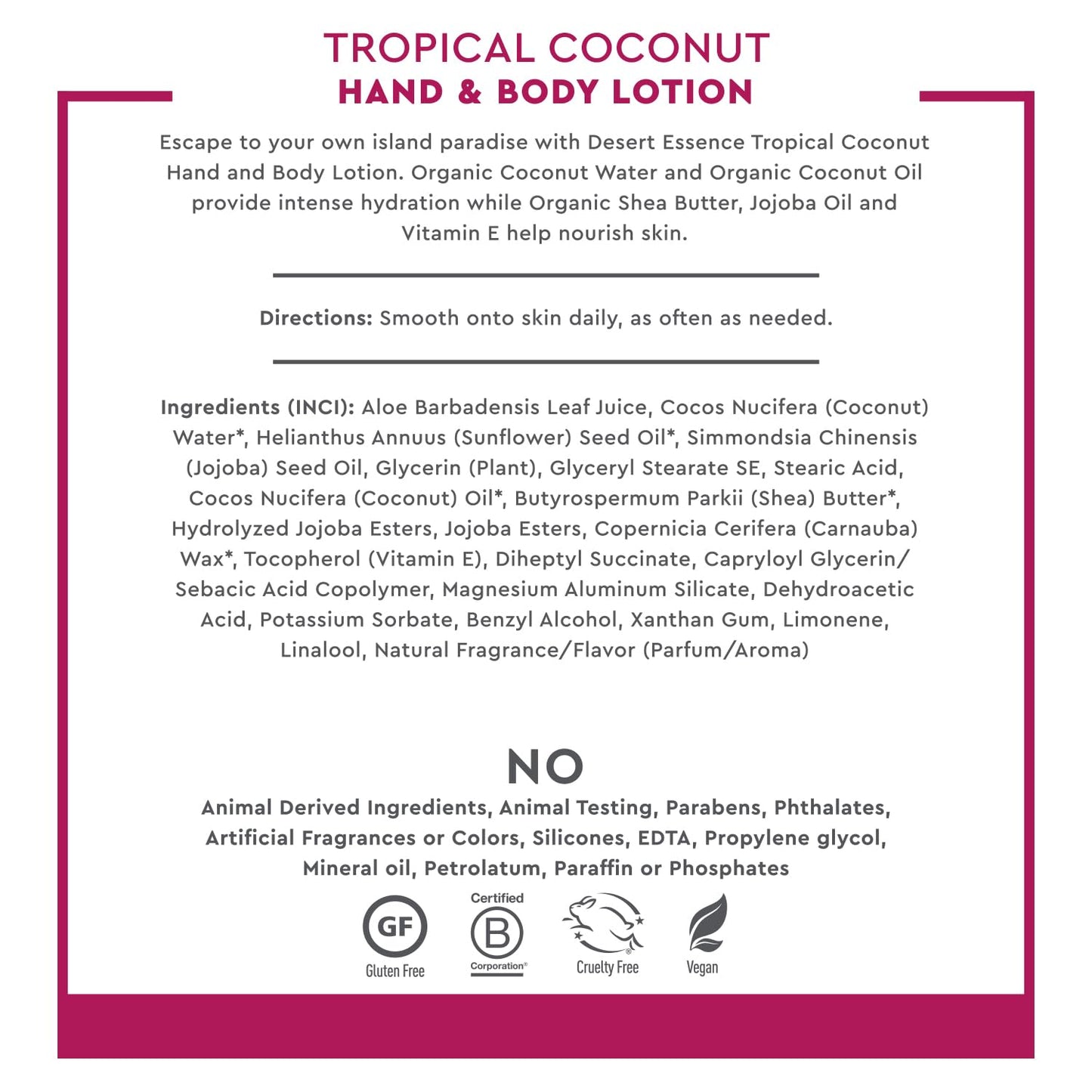 Desert Essence, Tropical Coconut Hand & Body Lotion 8 fl. oz. - Gluten Free - Vegan - Cruelty Free - Coconut Oil, Jojoba Oil & Vitamin E - Intense Beauty & Personal Care Desert Essence