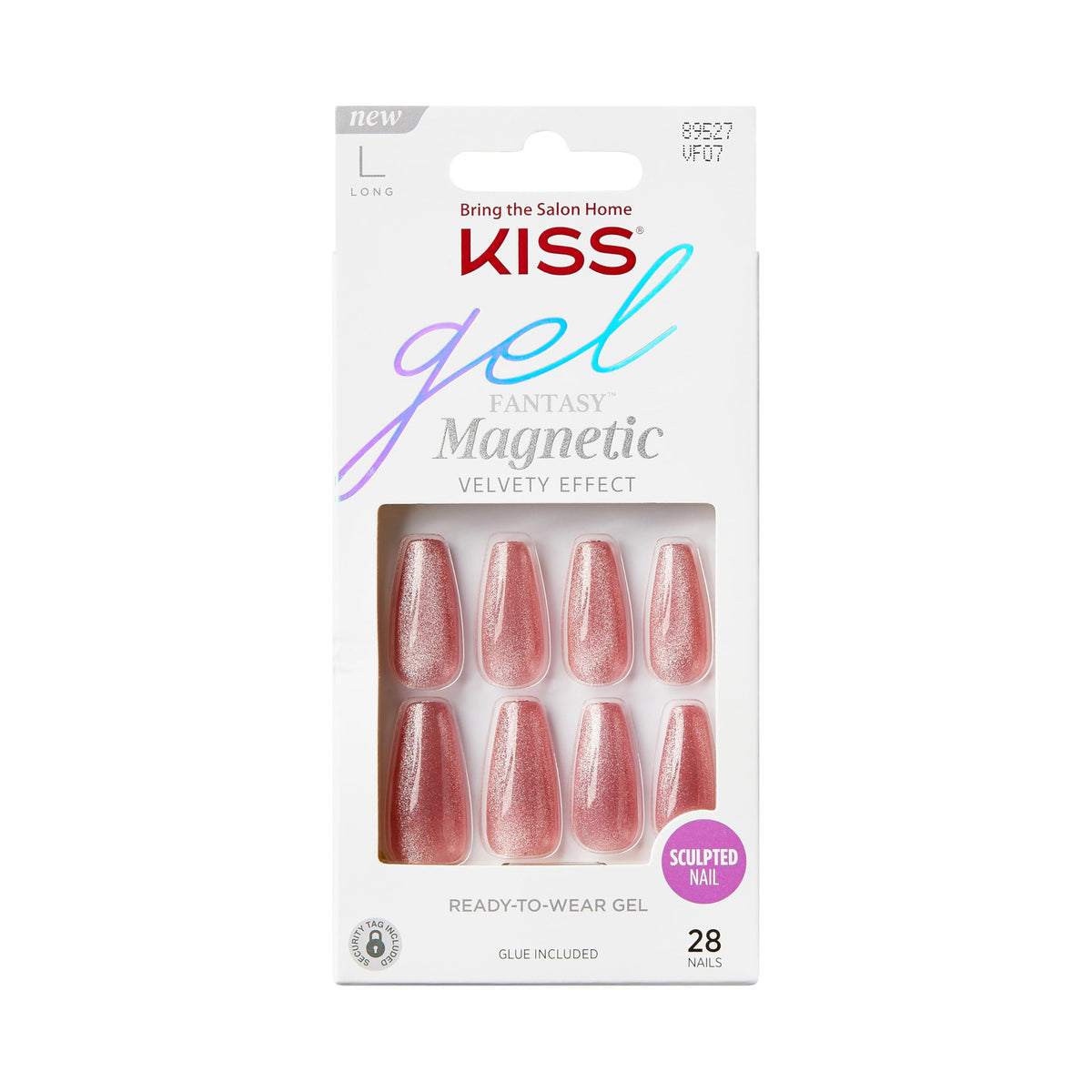 KISS Gel Fantasy, Press On Nails, Nail glue included, 'West Coast', Medium Pink, Long Size, Coffin Shape, Includes 28 Nails, 2g glue, 1 Manicure