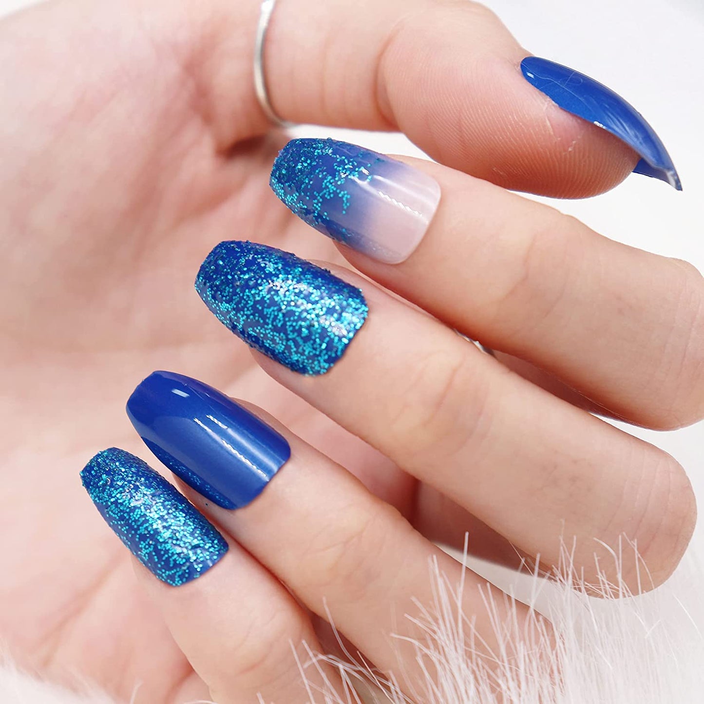 MISUD Press on Nails - Medium Coffin Glue on Nails with Blue Ombre, Acrylic Bling Glitter Design 24 pcs Beauty & Personal Care MISUD