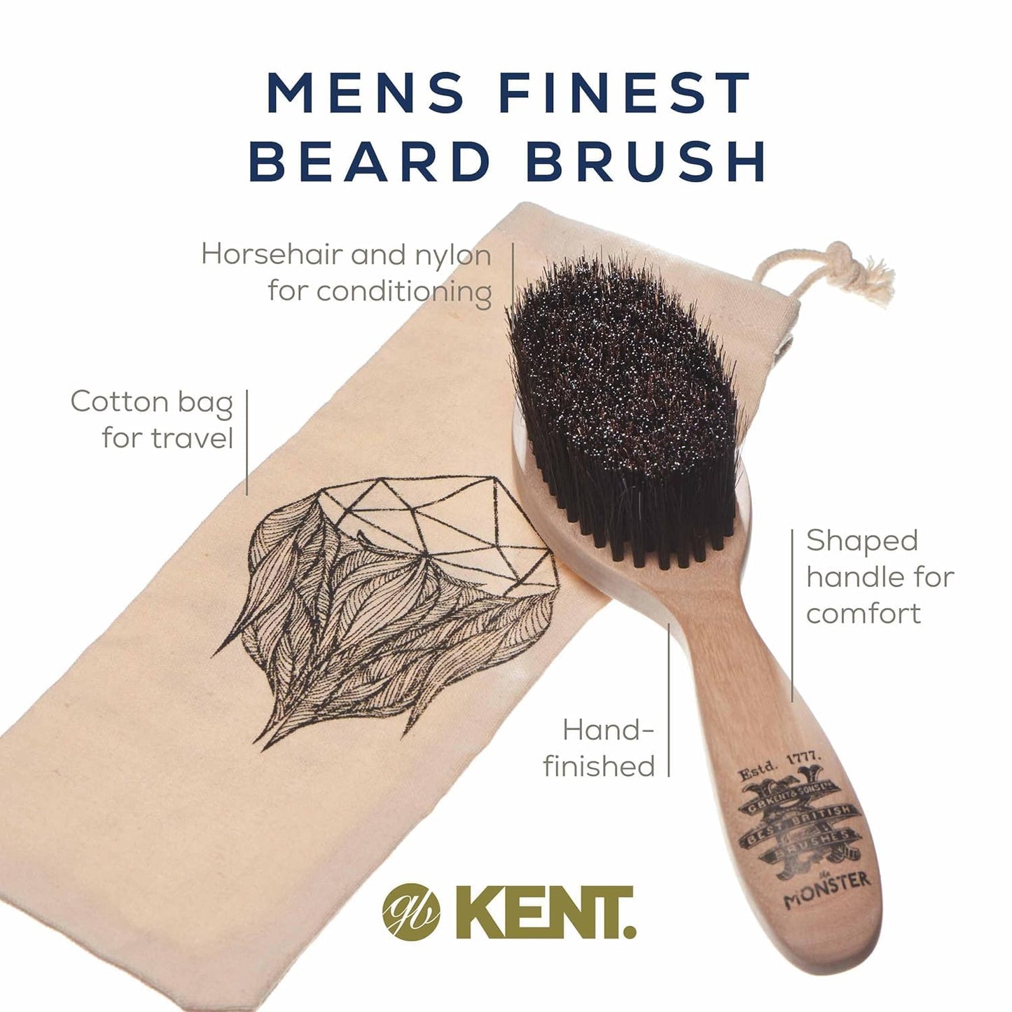Kent Beard & Mustache Set - BRD5 Horse Hair + Nylon Bristle Brush, 81T + FOT Handmade Sawcut Combs, Pistol-Grip Wood Handle, Dry/Wet Use, Distributes Beauty and Personal Care KENT