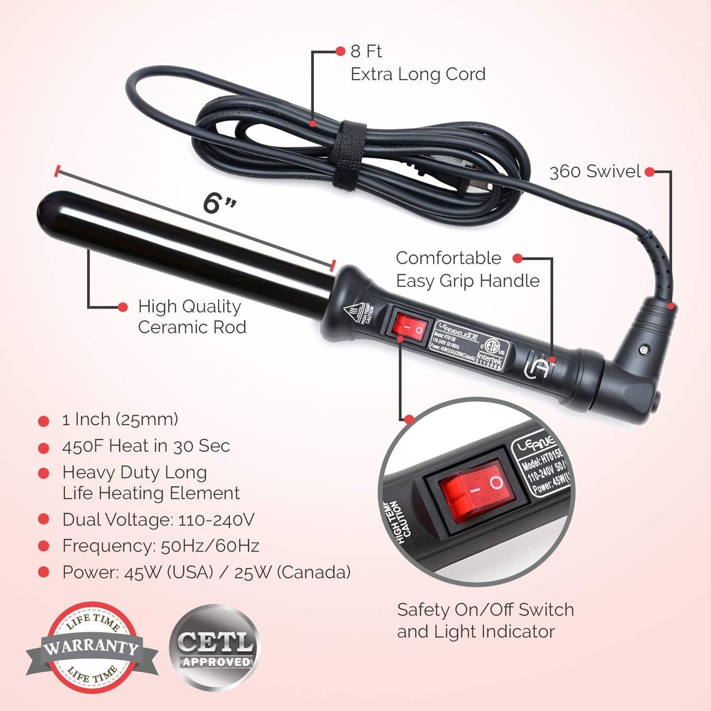 Le Angelique 1 Inch Ceramic Curling Wand for Beach Waves, Short & Long Curls - 25mm Professional Clipless Curler Iron with Glove and 2 Clips | 450F Beauty & Personal Care Le Angelique