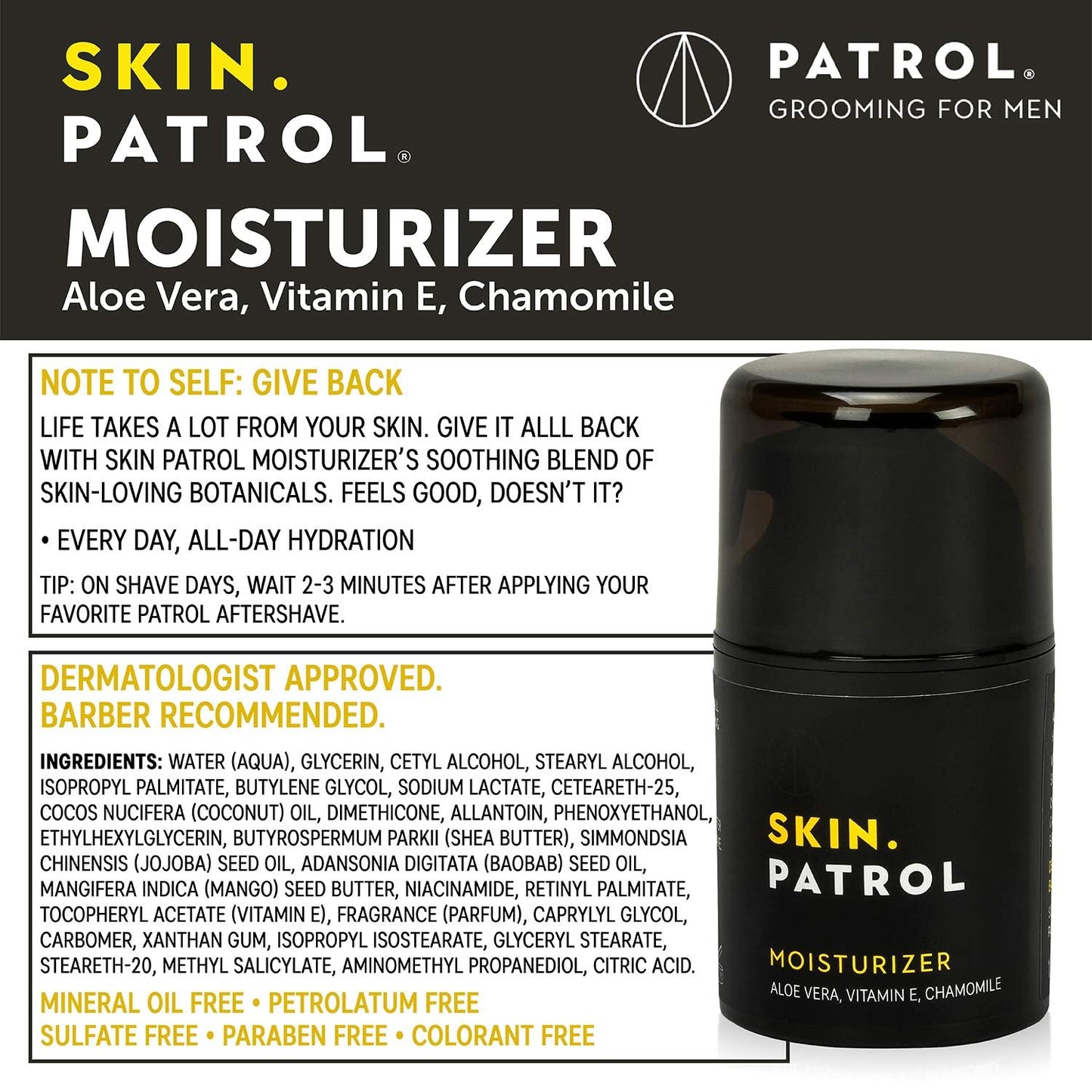 Bump Patrol Skin Patrol Everyday Face Moisturizer for Men - Natural Hydrating Daily Skin Care for Him with Aloe Vera, Vitamin E, Chamomile, Mens Face Beauty & Personal Care Bump Patrol