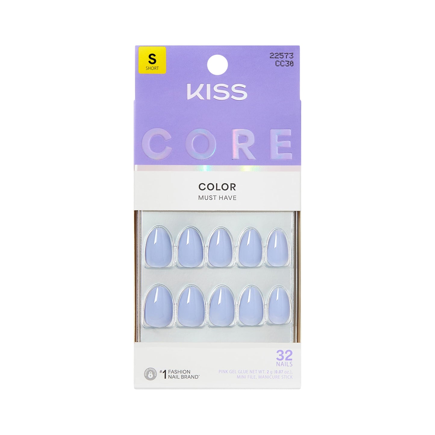Kiss Core, Press On Nails, Nail glue included, 'Flee', Blue, Short Size, Almond Shape, Includes 32 Nails, 2g Glue, 1 Manicure Stick, 1 Mini File Beauty and Personal Care KISS Default Title