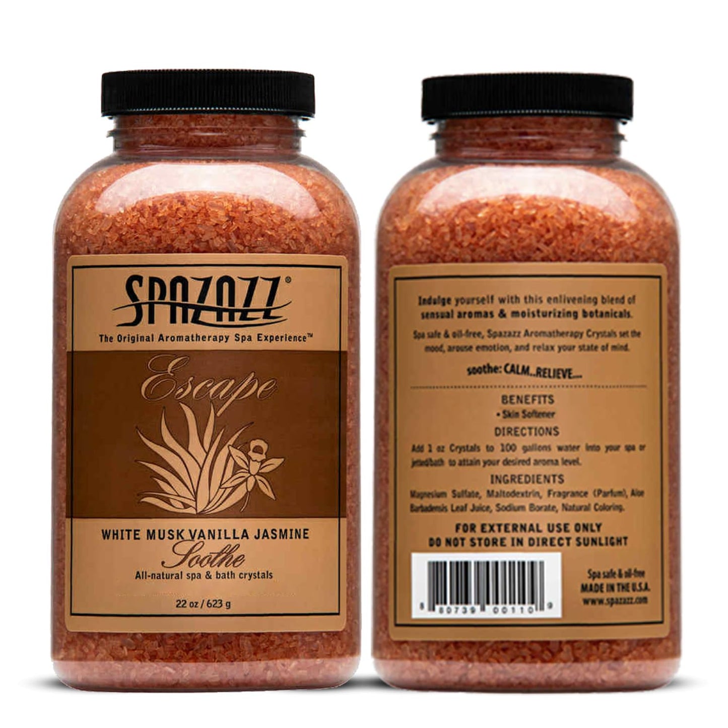 Spazzaz Escape Hot Tub & Spa Bath Salt Aromatherapy Crystals - 22oz White Musk Vanilla Jasmine Scented Bath Salts - Mineral Soaking Salts for Relaxing Beauty and Personal Care Spazazz