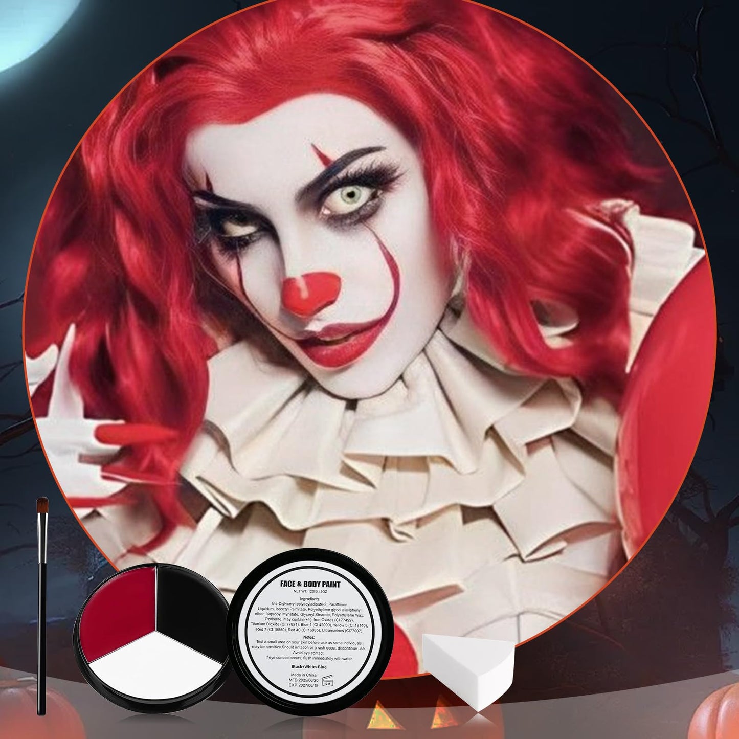 VPCRT6 White Black Red Halloween Face Body Paint with 3PCS Sponge and 1PC Brush, for Baseball, Softball Sports(Eye Black) & Halloween (Joker, Clown) Beauty & Personal Care VPCRT6