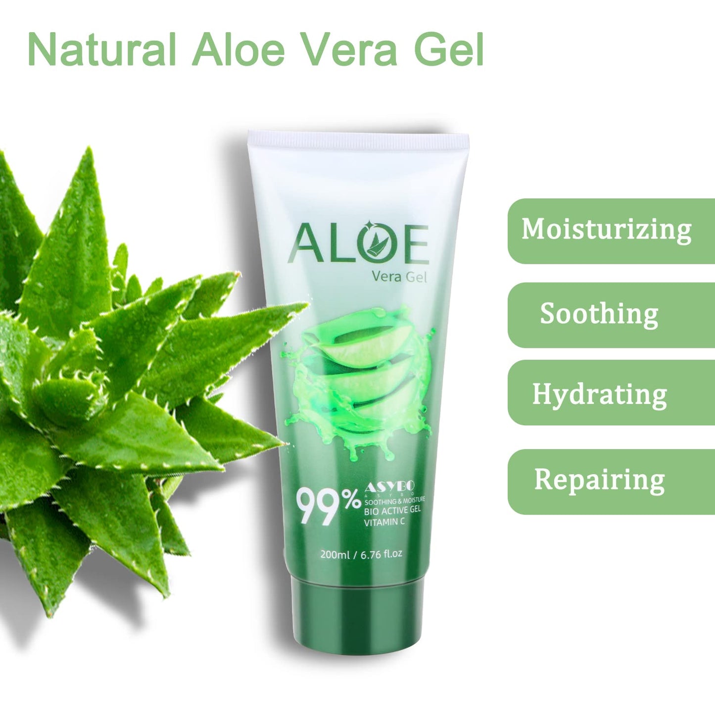 ASYBO 200x2 ML Aloe Vera Gel - 99% Organic Pure Aloe Vera Hydrating Face & Body Moisturizer, Natural Aloe Cream for Dry Skin, Sunburn, Acne, Soothing Beauty & Personal Care ASYBO
