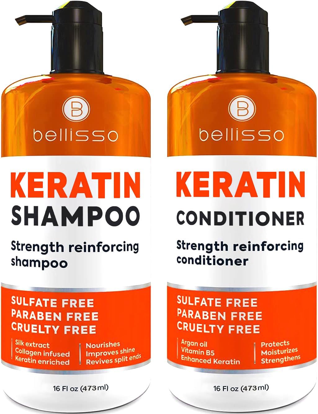 Keratin Shampoo and Conditioner Set - Sulfate Free and Paraben Free - Salon Thickening Treatment for Dry, Damaged, Curly, Frizzy, Straight or Color Beauty and Personal Care BELLISSO Default Title