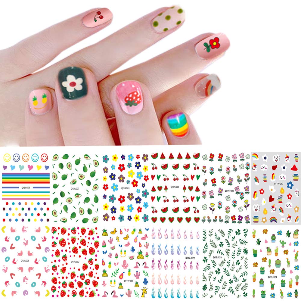 Nail Stickers for Women and Little Girls - 12 Sheets 3D Self-Adhesive DIY Nail Art Decoration Set Including Flowers Leaves Animals Plants Fruits Nail Beauty & Personal Care IHUKEIT