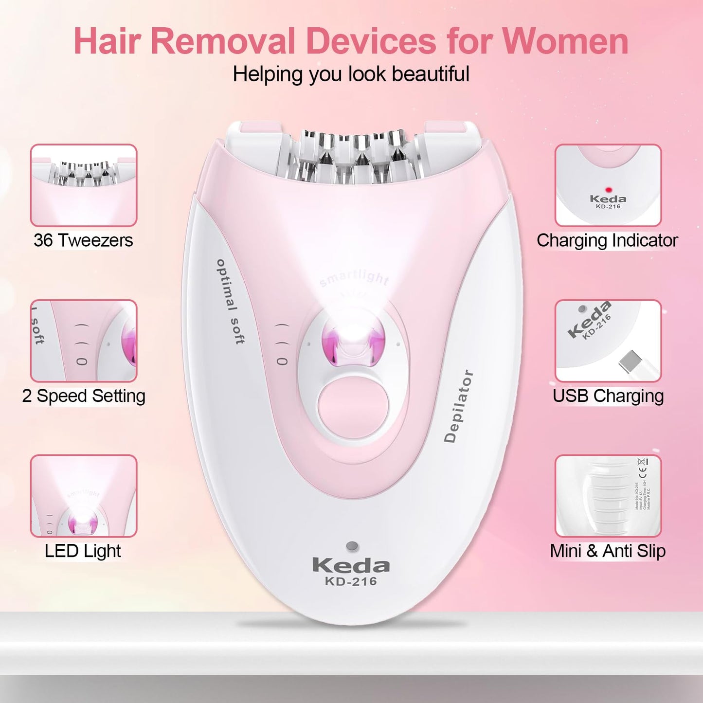 Epilator for Women, 2 Speeds Facial Hair Removal Device with LED Light, 36 Tweezers & Massage Pad, Rechargeable Epilator Hair Removal for Armpit, Arm Beauty and Personal Care Glowshave