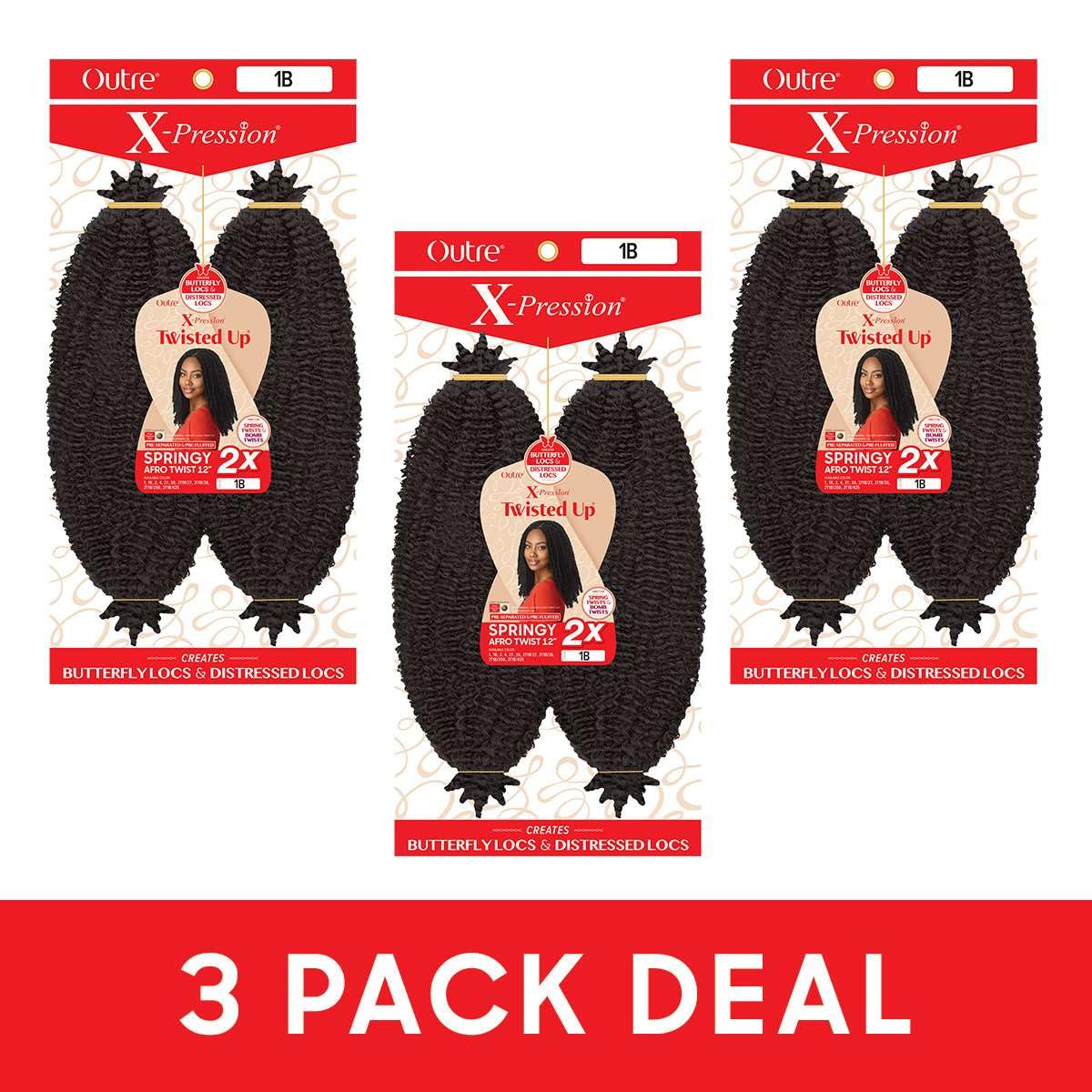 Outre X-Pression - Twisted Up - Springy Afro Twist 12" 2X (3 Pack, OFF BLACK 1B)