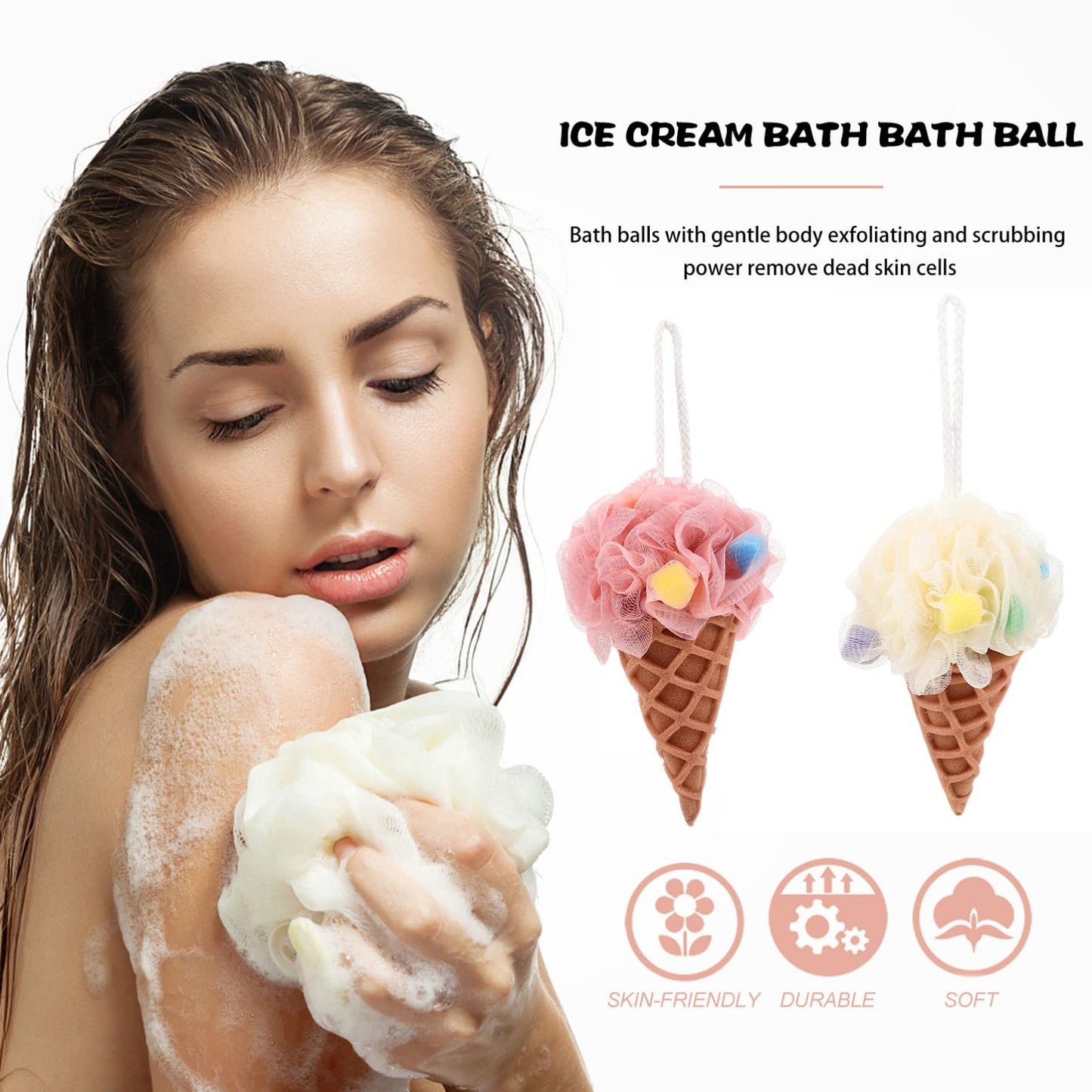 COHEALI 2Pcs Bath Loofah Sponge Ice Cream Cone Shower Sponge Exfoliating Mesh Pouf Bath Ball Body Scrubber Exfoliator for Men Women Light Yellow Pink Beauty and Personal Care COHEALI