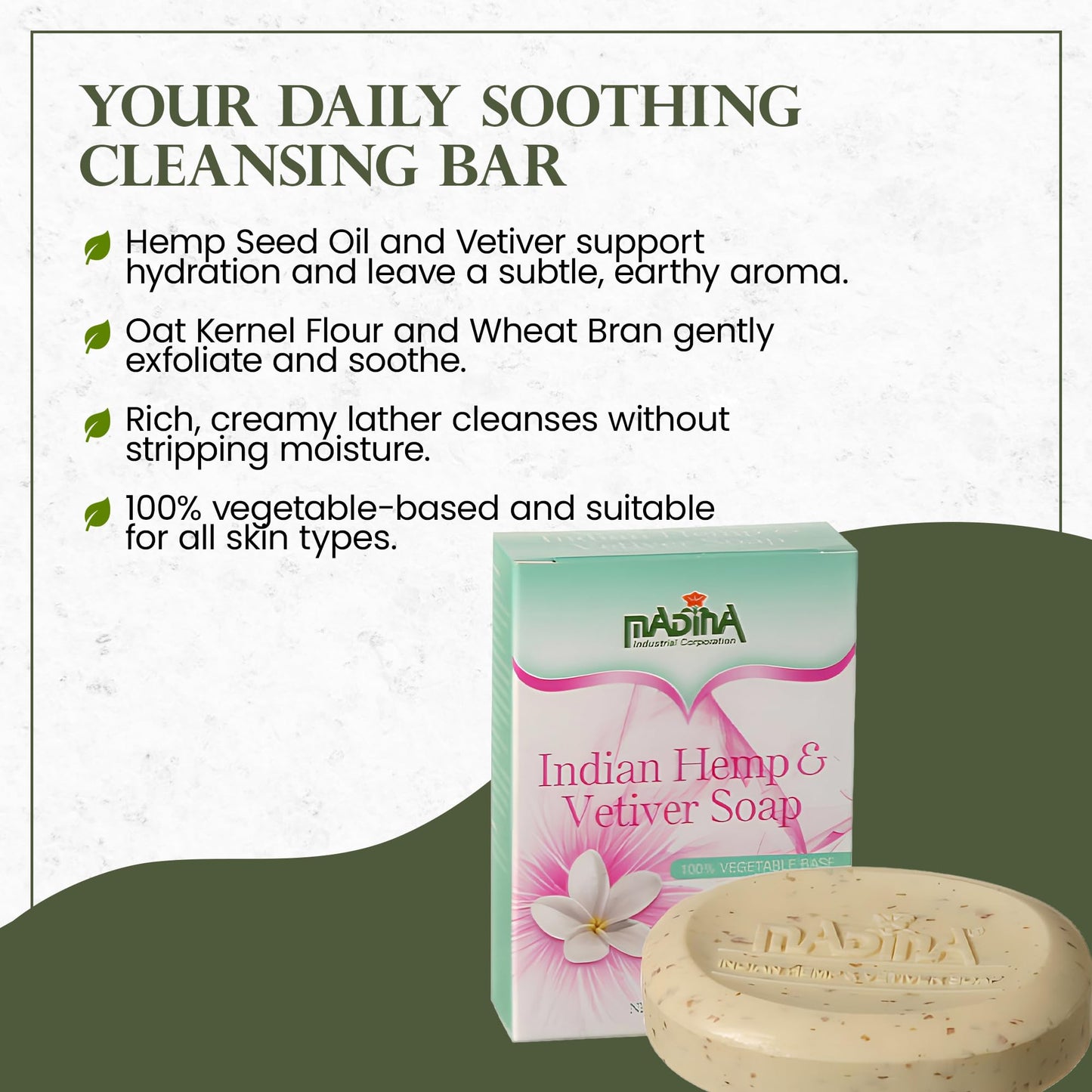 Madina Indian Hemp Vetiver Soap Bar - Moisturizing, Nourishing, Shea Butter, Oat, Wheat Bran, Gentle Cleanser, 100% Vegetable-Based, For All Skin Beauty & Personal Care Madina