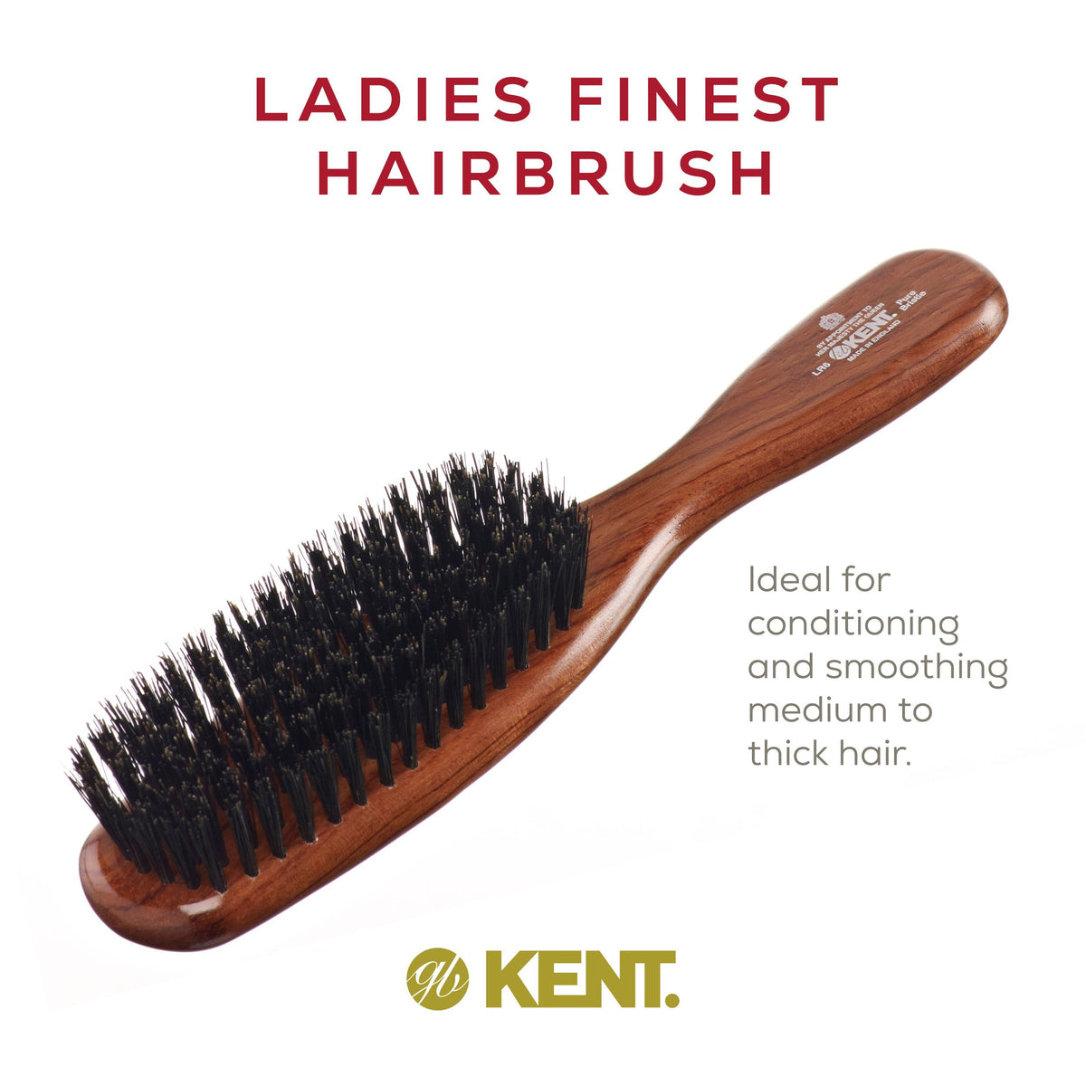 Kent LR6 Finest Dark Wood Styling Hair Brushes for Women - Natural Black Boar Bristle Hairbrush for Medium to Thick Hair of All Lengths - Dry Brush