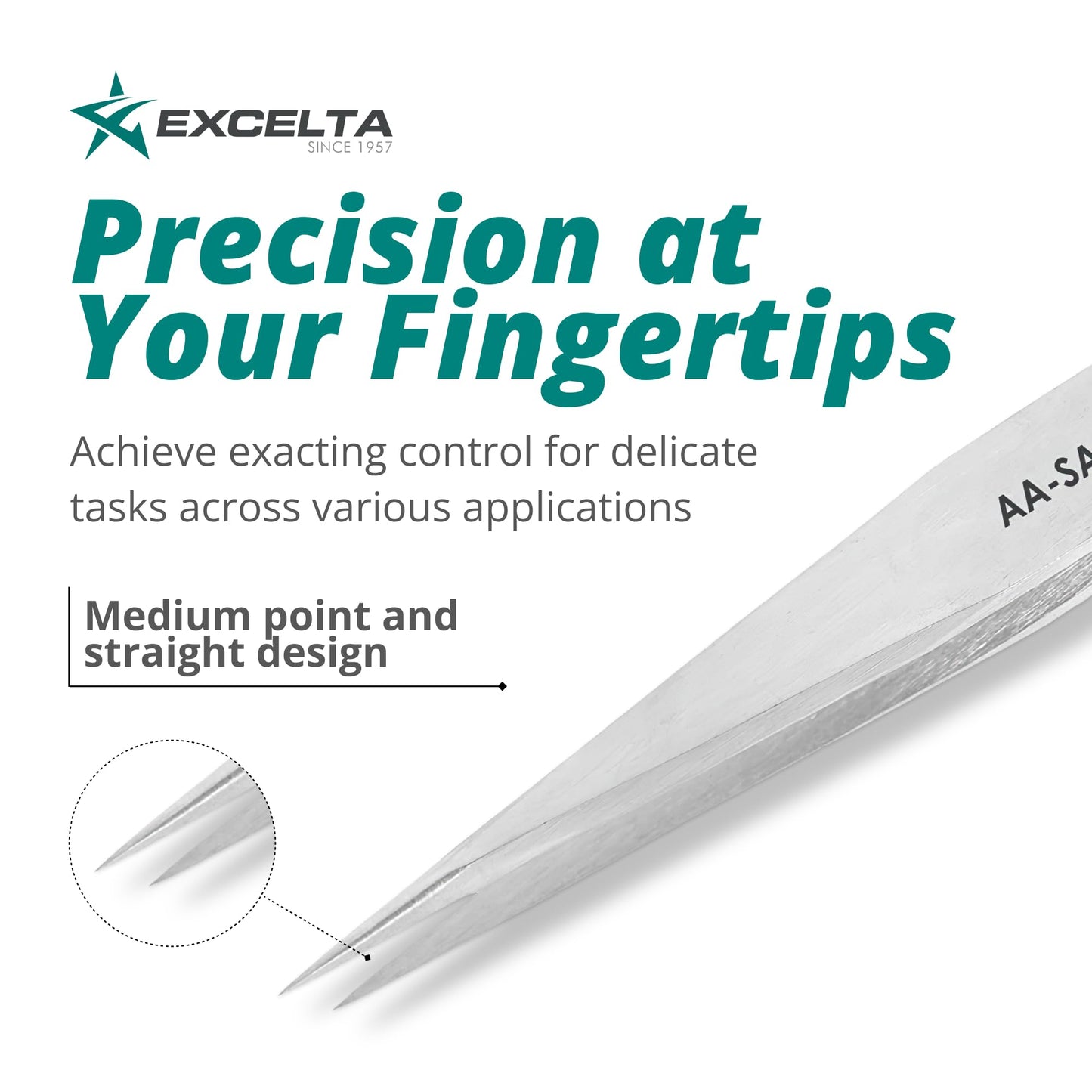Excelta AA-SA-SE Straight Medium Pointed Tweezers, Anti-Magnetic Stainless Steel, ESD-Safe, Conductive, Precision Tweezers for Electronics, Jewelry Beauty & Personal Care Excelta
