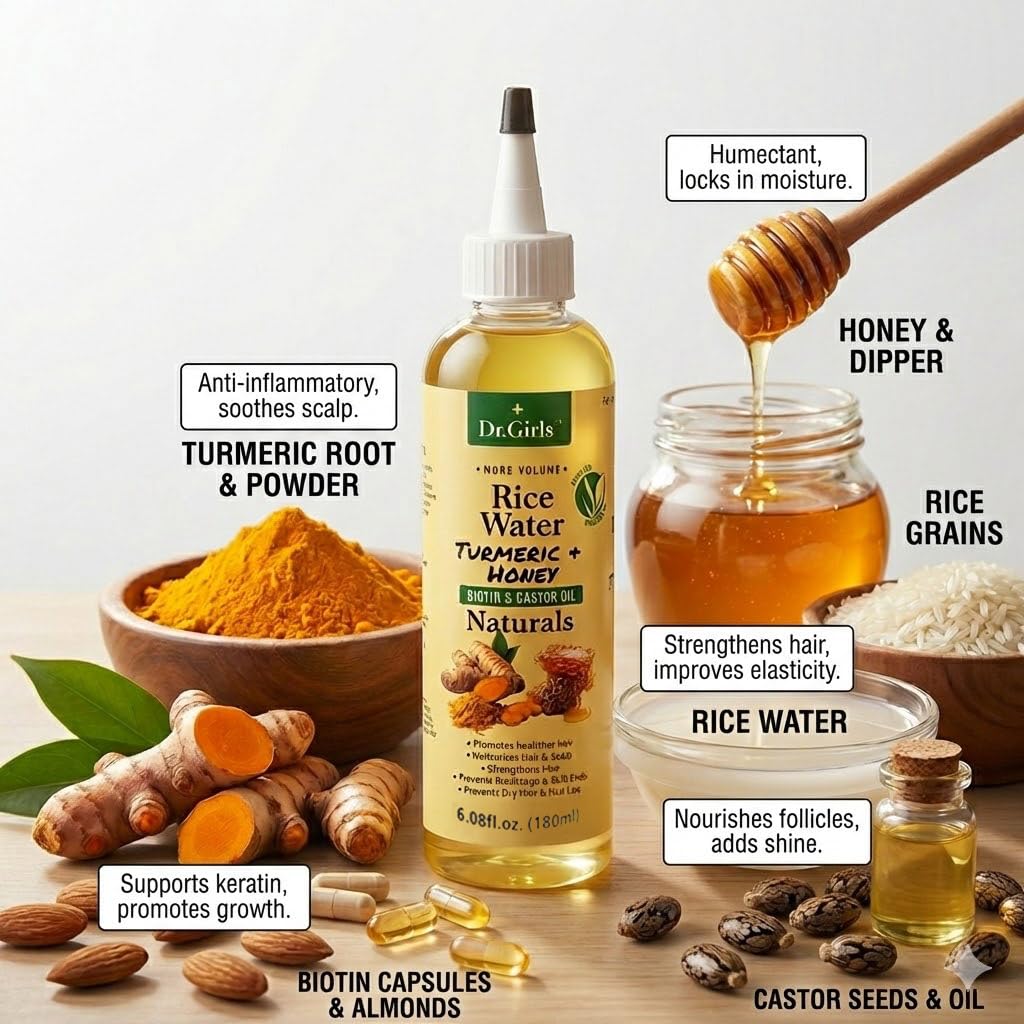 Dr. Girls Rice Water Hair Growth Oil with Biotin & Castor Oil for Scalp Soothing, Hydrating & Thickening, 6.08 fl oz(Turmeric + Honey)