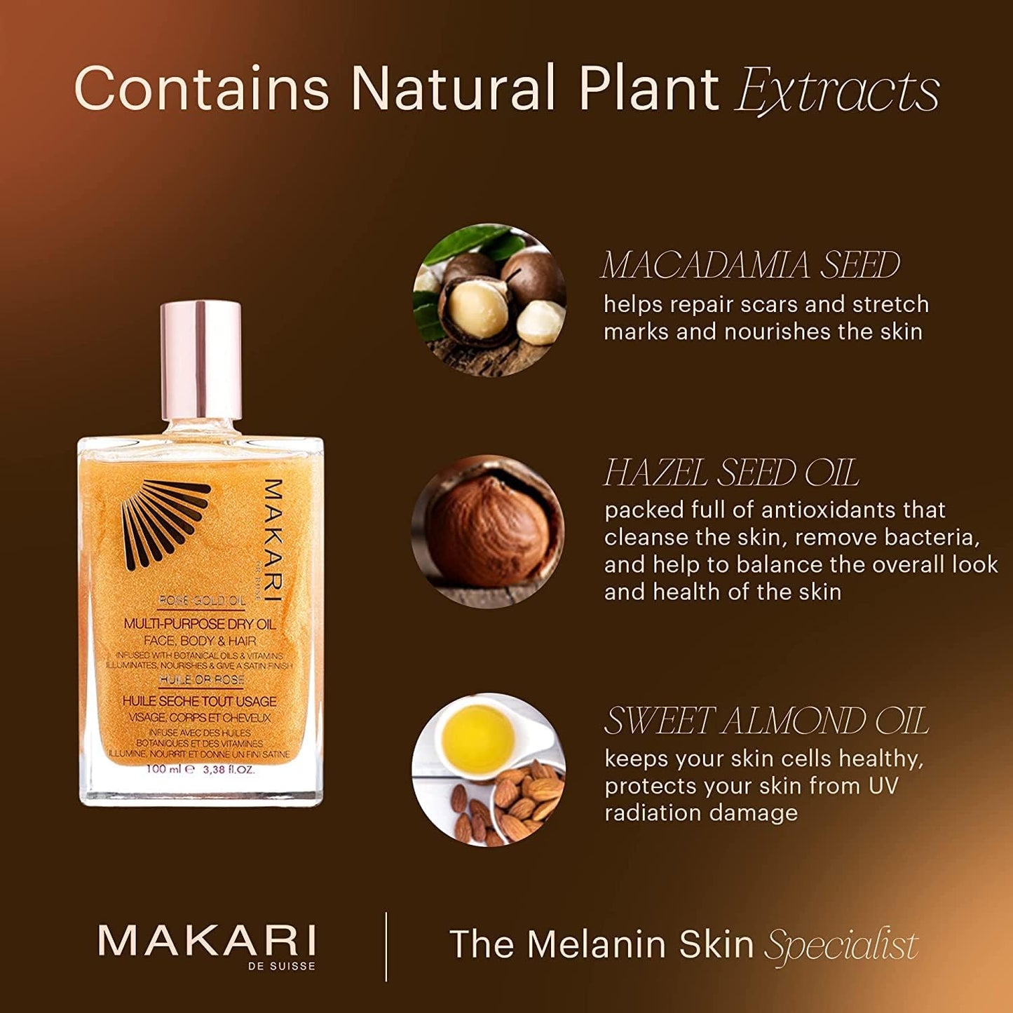 MAKARI 24K Rose Gold Multi-Purpose Dry Shimmer Oil (3.38 fl oz) | Body Shimmer Oil for Face, Hair and Body | Shimmer Body Oil with Real Gold Flakes | Beauty & Personal Care MAKARI