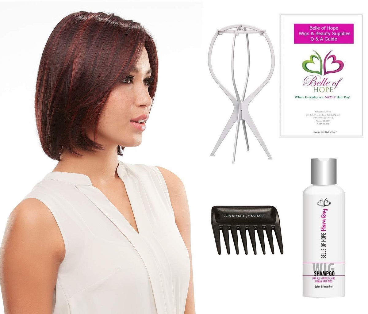 Kristen - SmartLace Front Open Cap Synthetic Wig by Jon Renau,Comb,Stand,Mara Ray 4oz Luxury Shampoo,19 Page Belle of Hope Wig Care Booklet-Bundle 5pc
