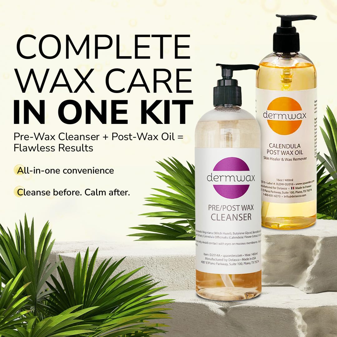 Dermwax Pre and Post Wax Care Kit - Complete Prep & Aftercare in One Set - Cleanser Removes Oils & Residue - Calendula Oil Calms & Nourishes Skin Beauty and Personal Care Dermwax