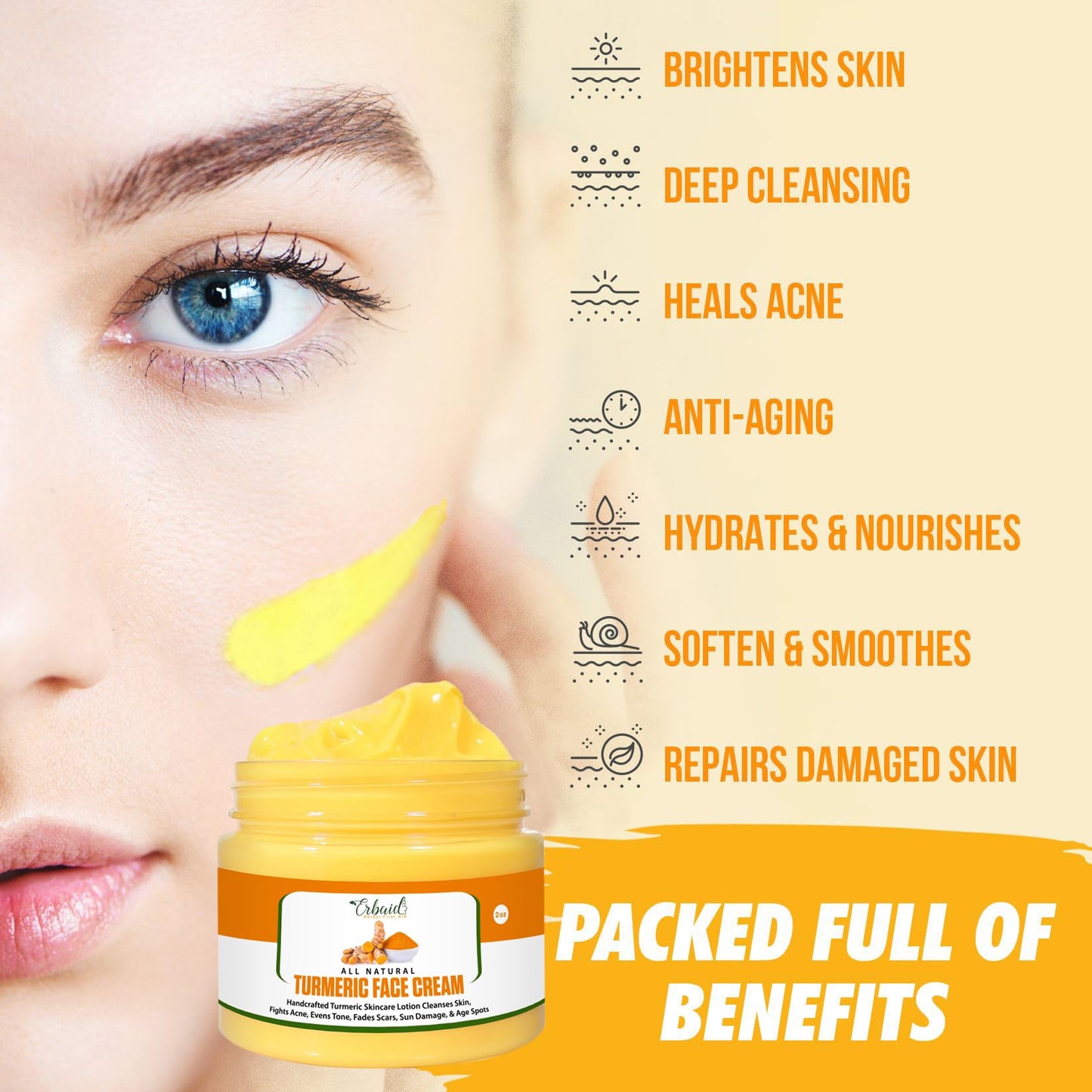 Erbaid Turmeric Face Cream for Face & Body - All Natural Turmeric Skin Brightening Lotion - Turmeric Cleanses Skin, Fights Acne, Evens Tone, Fades Beauty & Personal Care Erbaid