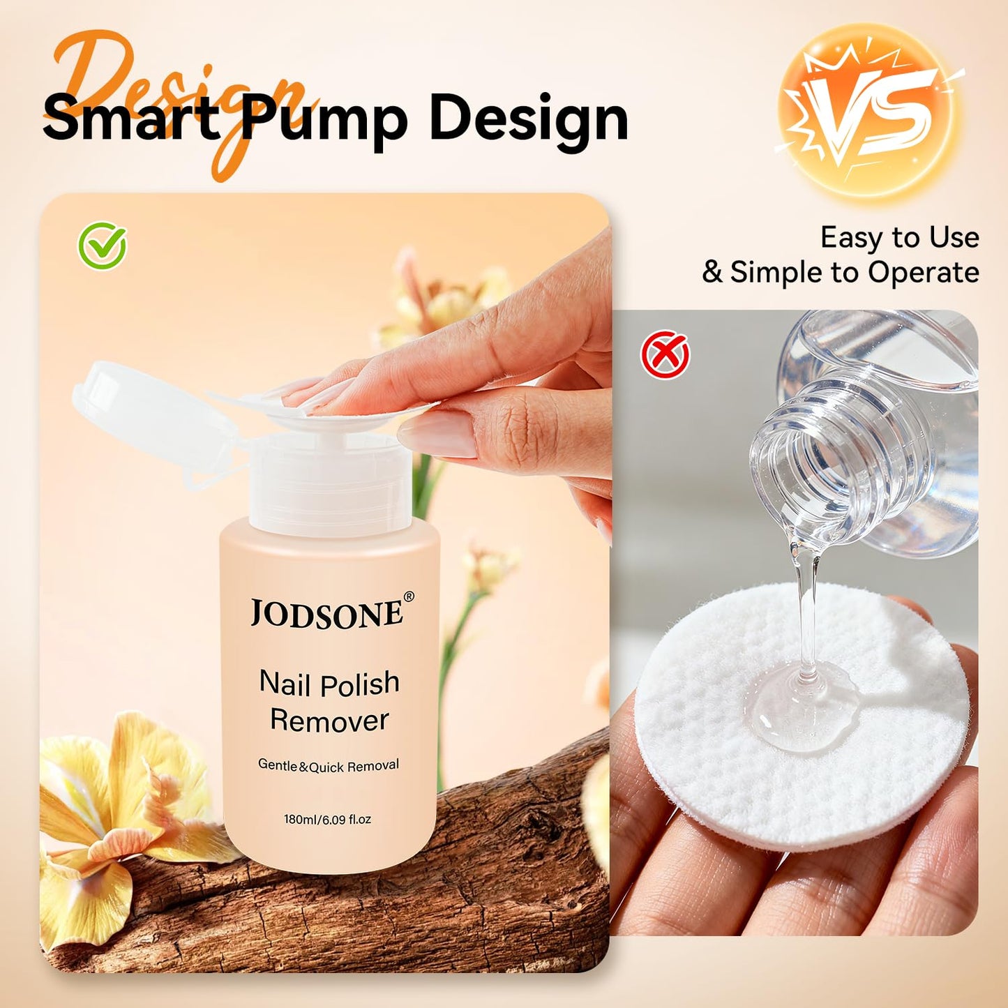 JODSONE Non-Acetone Nail Polish Remover, 6.09 Fl.Oz Orange Scent Nail Polish Remover,Gentle & Nail-friendly with Vitamin E & Aloe,Push-down Pump,Easy Beauty and Personal Care JODSONE