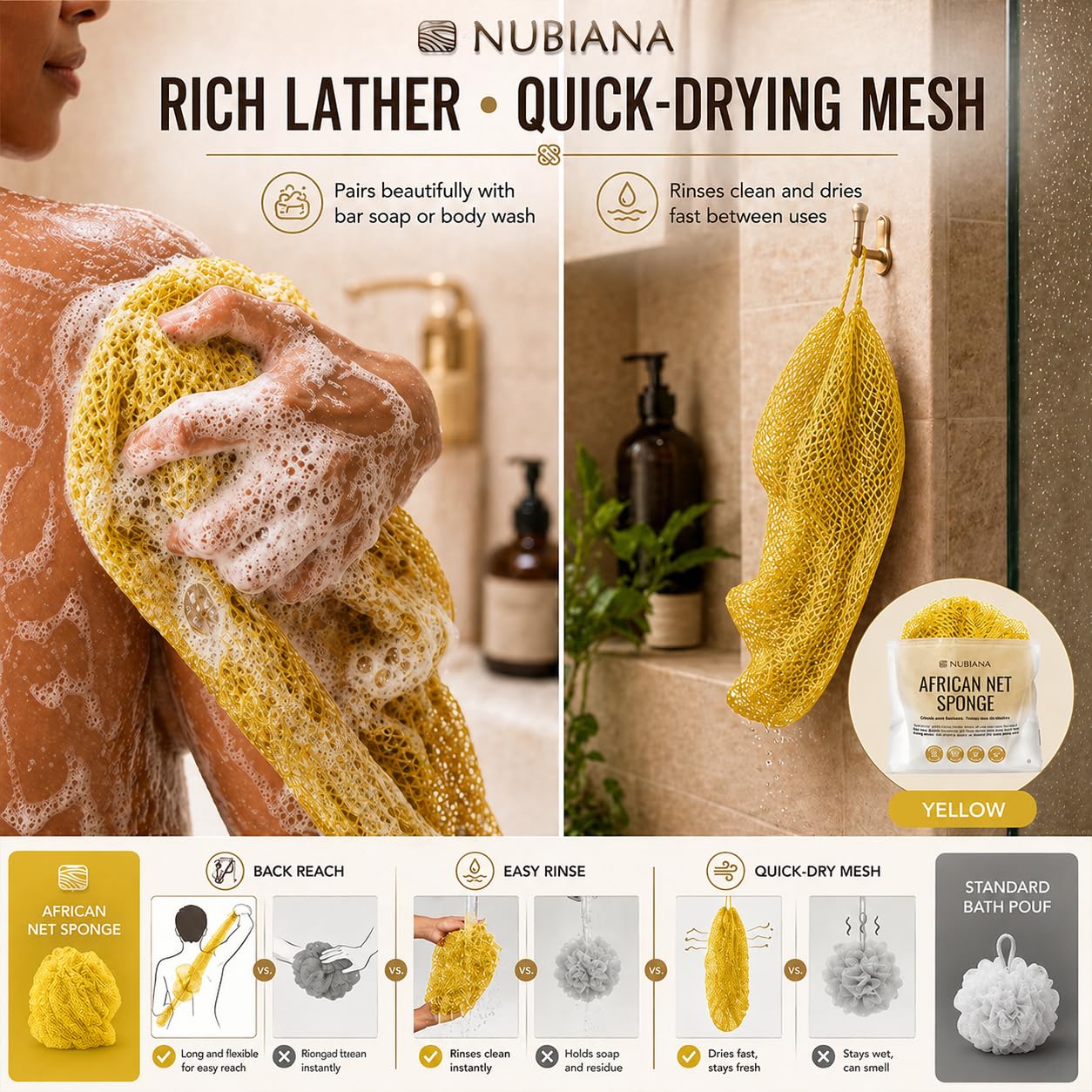 Nubiana African Net Sponge Authentic with Knots, 45 Inch Handwoven Nigerian Exfoliating Body Sponge with Handles, Quick-Drying Nylon Mesh Body Beauty and Personal Care Nubiana