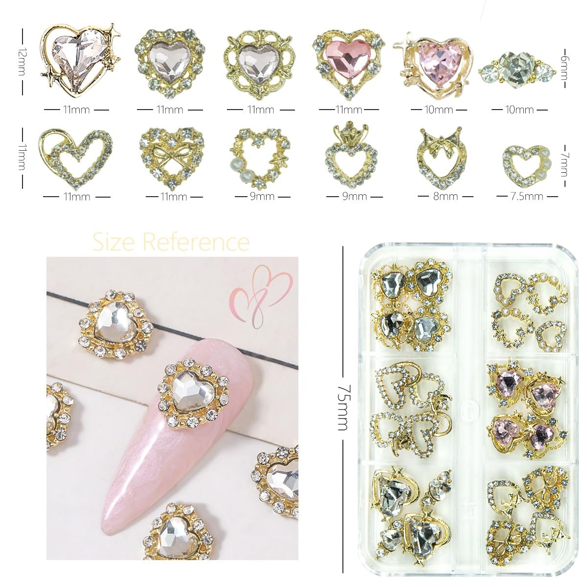 24pcs Heart Nail Charms Luxury Alloy Charms for Nails, qiipii 12 Pair 3D Gold Nail Art Rhinestones Nail Gems Golden Nail Crystal Diamonds Jewelry