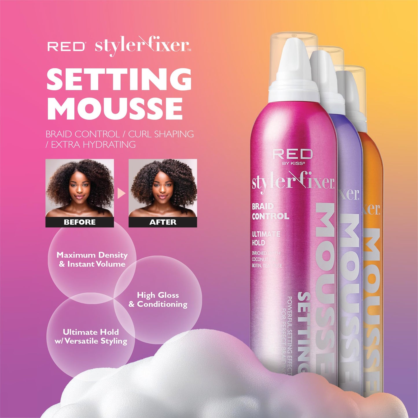 Red by Kiss Setting Mousse Braid Frizz Control, Curl Definition, Shine, Maximize Volume, Ultimate Hold, Long Lasting, Non Sticky Creamy Foam Style Beauty & Personal Care Red by Kiss