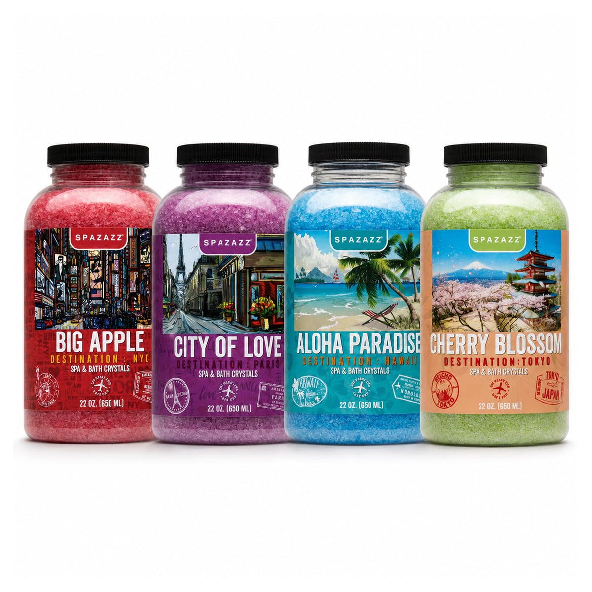 Hot Tub & Spa Aromatherapy Bath Salt Crystal Scents Spazazz Destinations Collection Bundle Aloha Paradise, Big Apple, City of Love, Cherry Blossom Beauty and Personal Care Spazazz