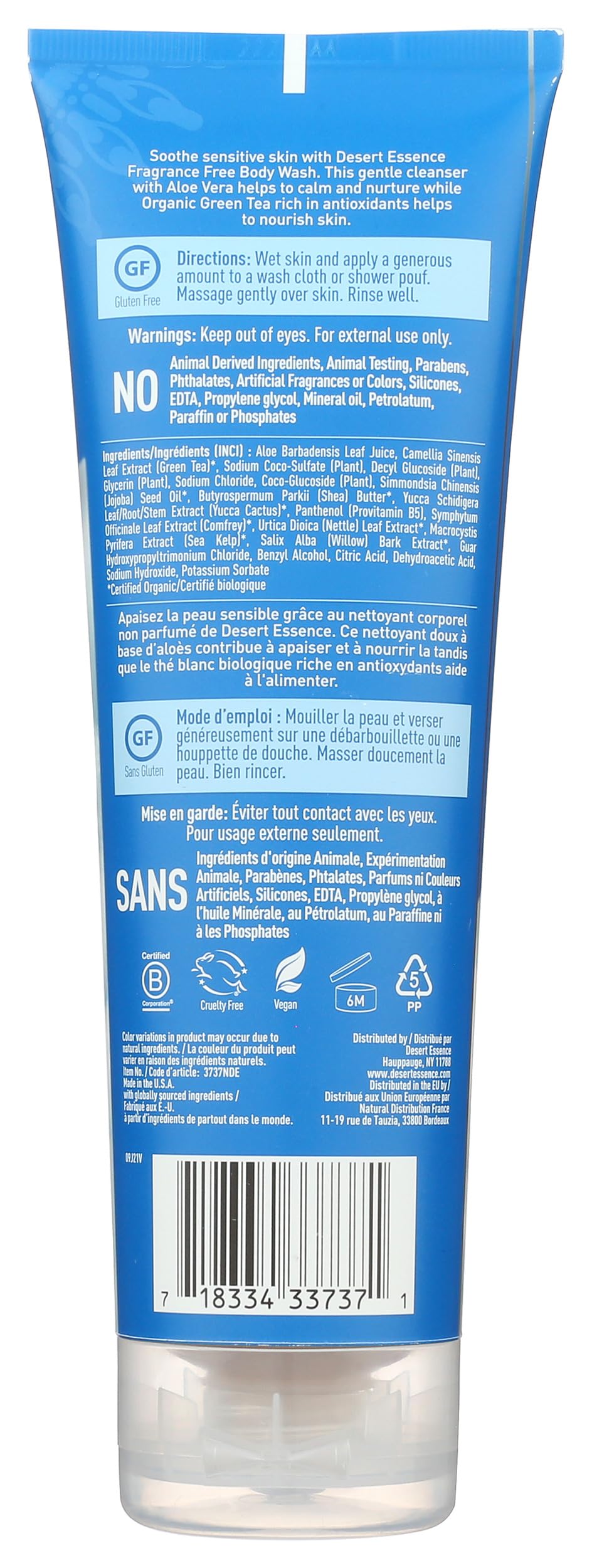 Desert Essence Fragrance Free Body Wash Sensitive Skin-Friendly Plant-Based Cleanser with Organic Aloe, Green Tea & Jojoba Oil - Nourishing Beauty & Personal Care Desert Essence