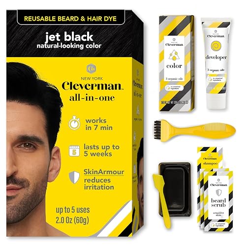 Reusable Hair & Beard Dye for Men - Jet Black 1.7 | Up to 5 Uses, 7 Minutes | Natural Gray Coverage, No-Drip Cream with SkinArmour® - Cleverman Beauty & Personal Care CLEVERMAN