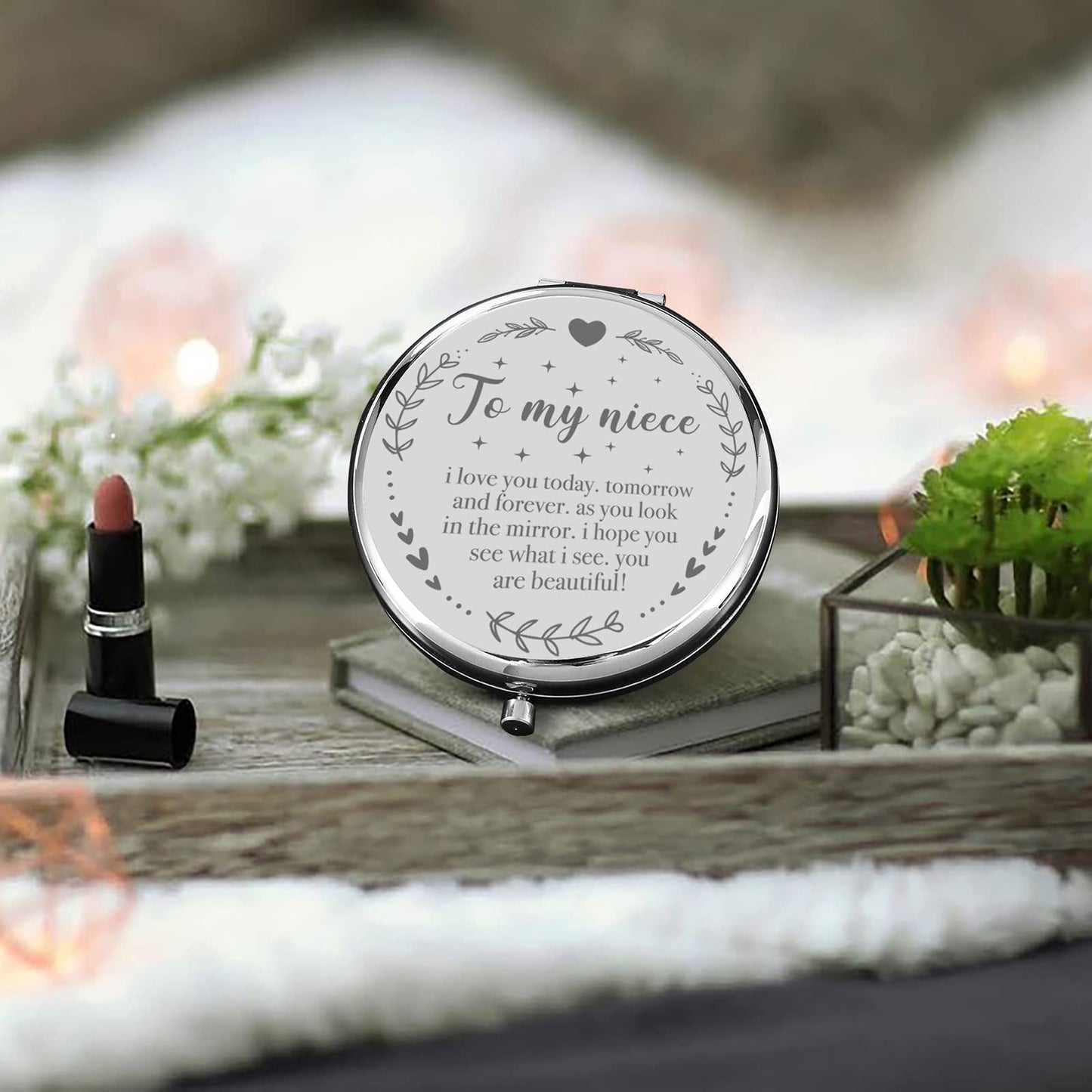 YSUNM Ming Heng Niece Gift Silver Travel Compact Makeup Mirror, Graduation & Birthday Gift Ideas Beauty & Personal Care YSUNM