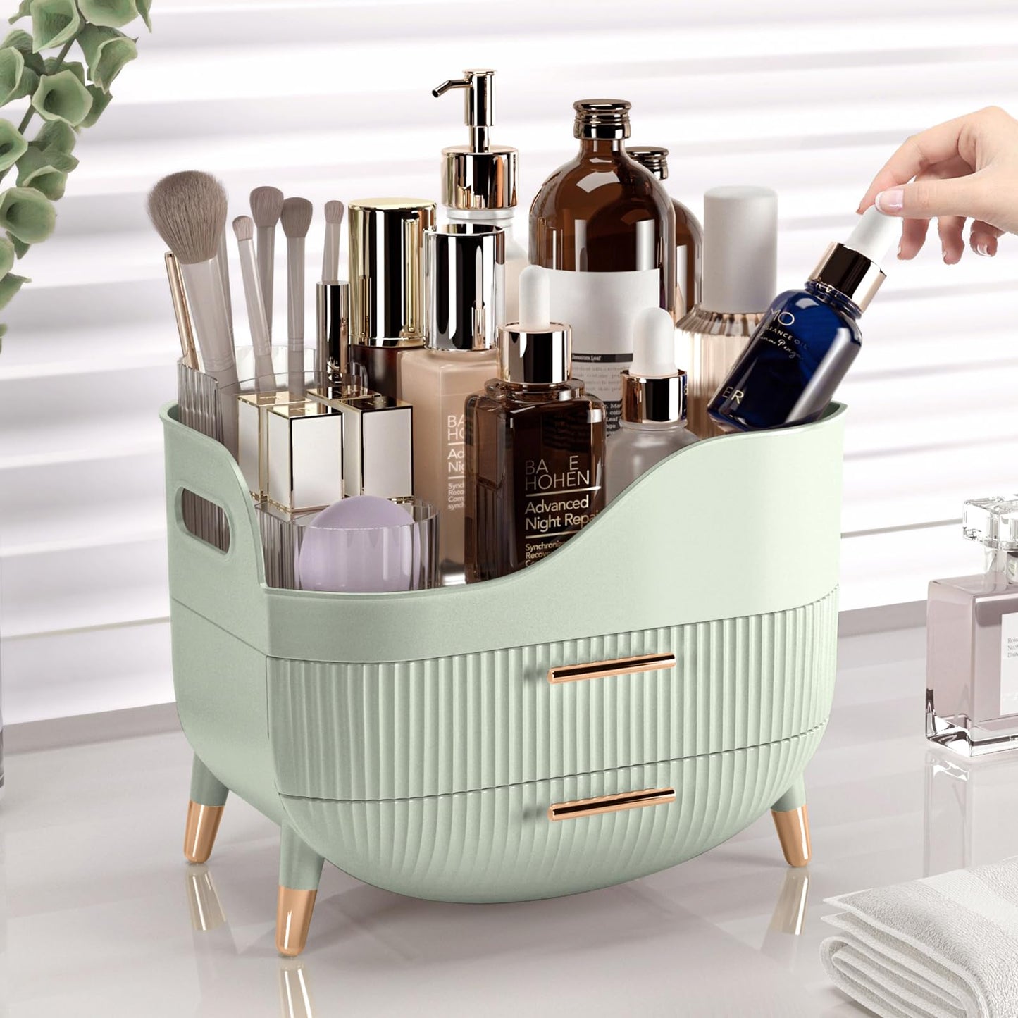 Pajiriona Makeup Organizer with Drawers, Green Skincare Organizer for Vanity, Storage Box with Handle, Large Cosmetic Display Case for Dresser Beauty and Personal Care Pajiriona
