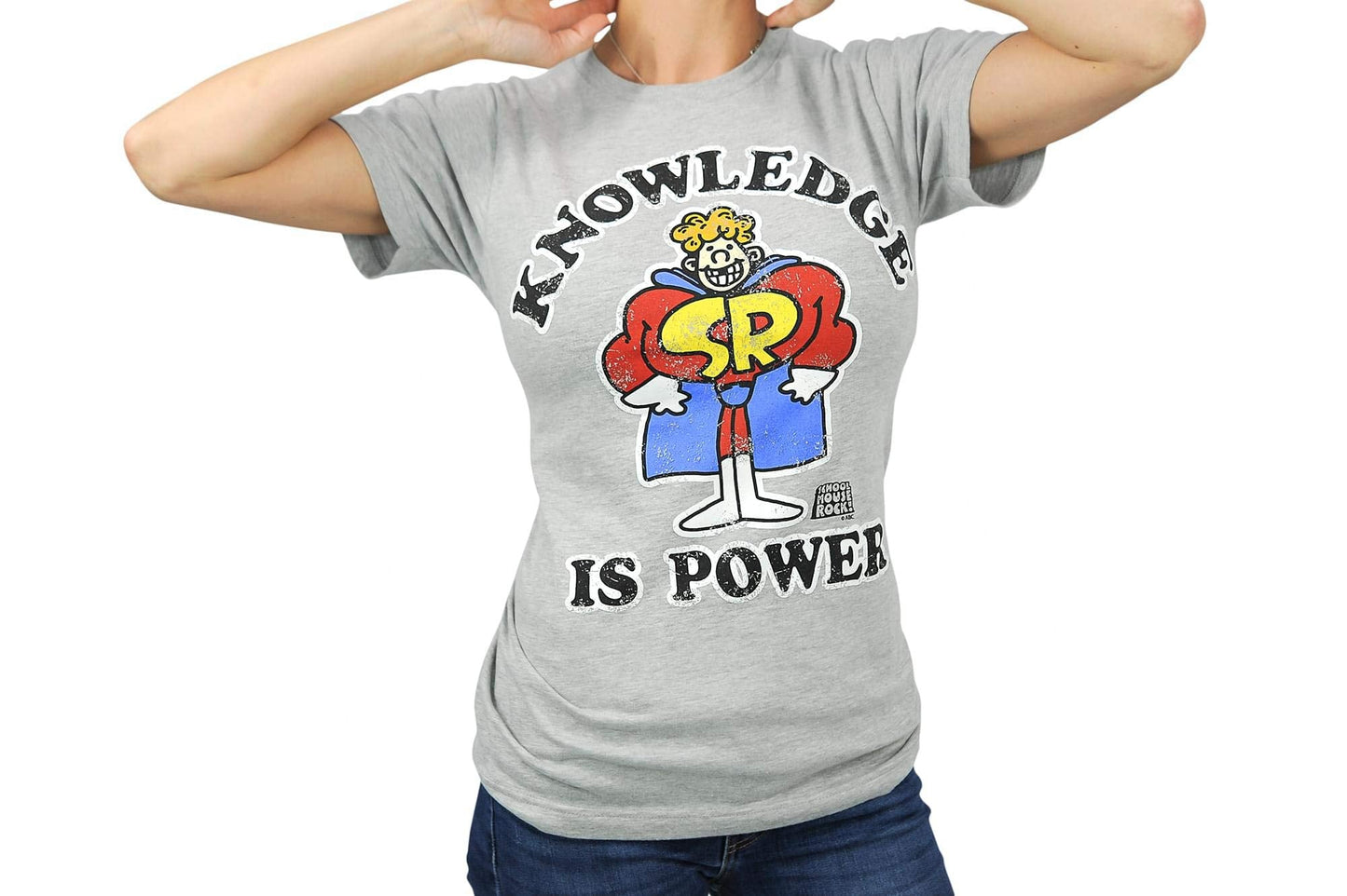 Schoolhouse Rock! Knowledge is Power Adult T-Shirt - Grey, Light-Weight, Short-Sleeve, Unisex, Crew Tee - Features Schoolhouse Rocky Caped Superhero Beauty & Personal Care Ripple Junction