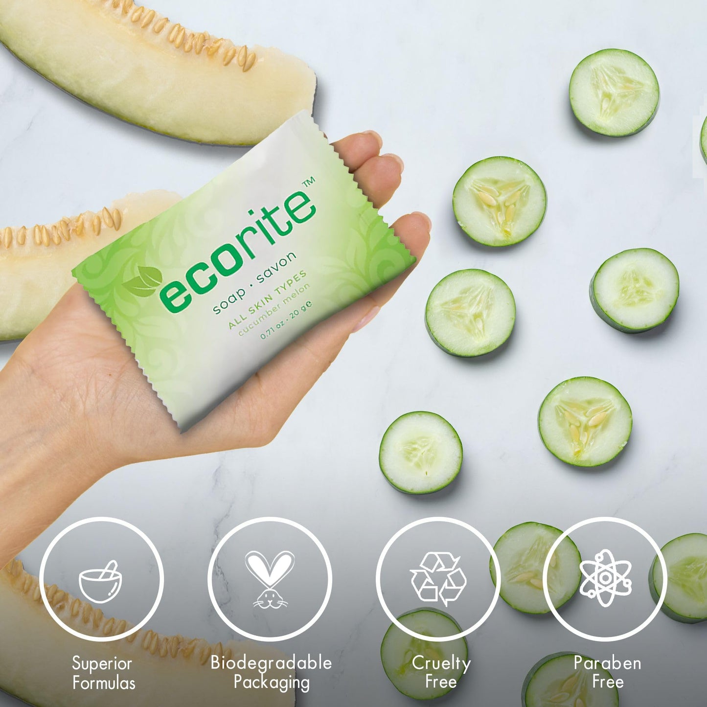 Ecorite Facial Bar with Cucumber-Melon Fragrance, Travel Size Hotel Amenities Biodegradable/Recyclable Frosted Sachet, 0.70oz / 20gm, Pack of 288 Beauty & Personal Care Ecorite
