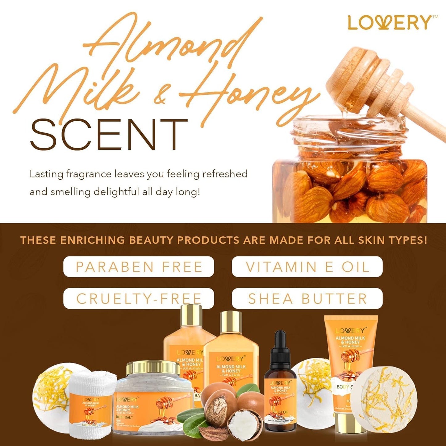 Gifts for Women Gift Basket for Women - 10 Pc Almond Milk & Honey Beauty & Personal Care Set - Home Bath Pampering Package for Relaxing - Spa Self Beauty and Personal Care LOVERY