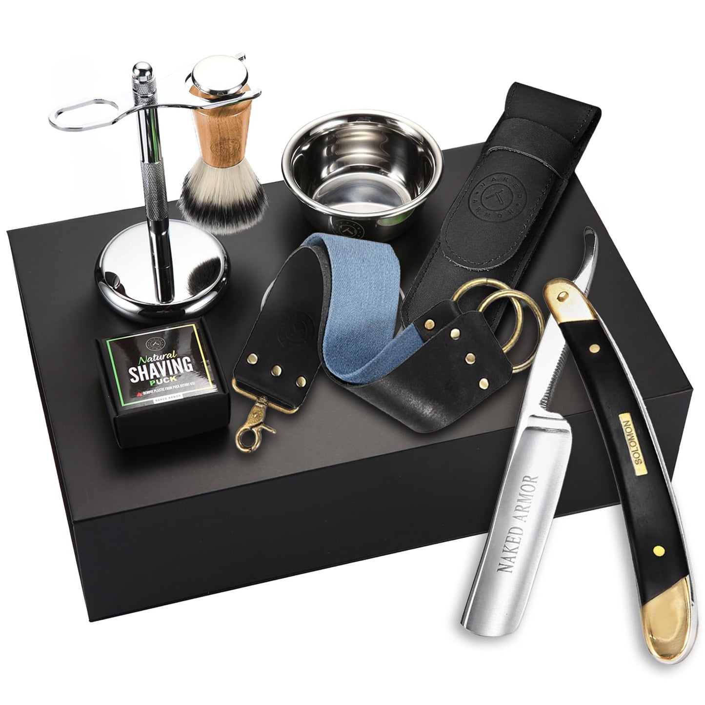 Naked Armor Solomon Straight Razor Kit - Complete Shaving Kit with Shave Ready Straight Razors for Men, Strop, Stand, Soap, Brush, Bowl, Case, Wet Beauty and Personal Care Naked Armor
