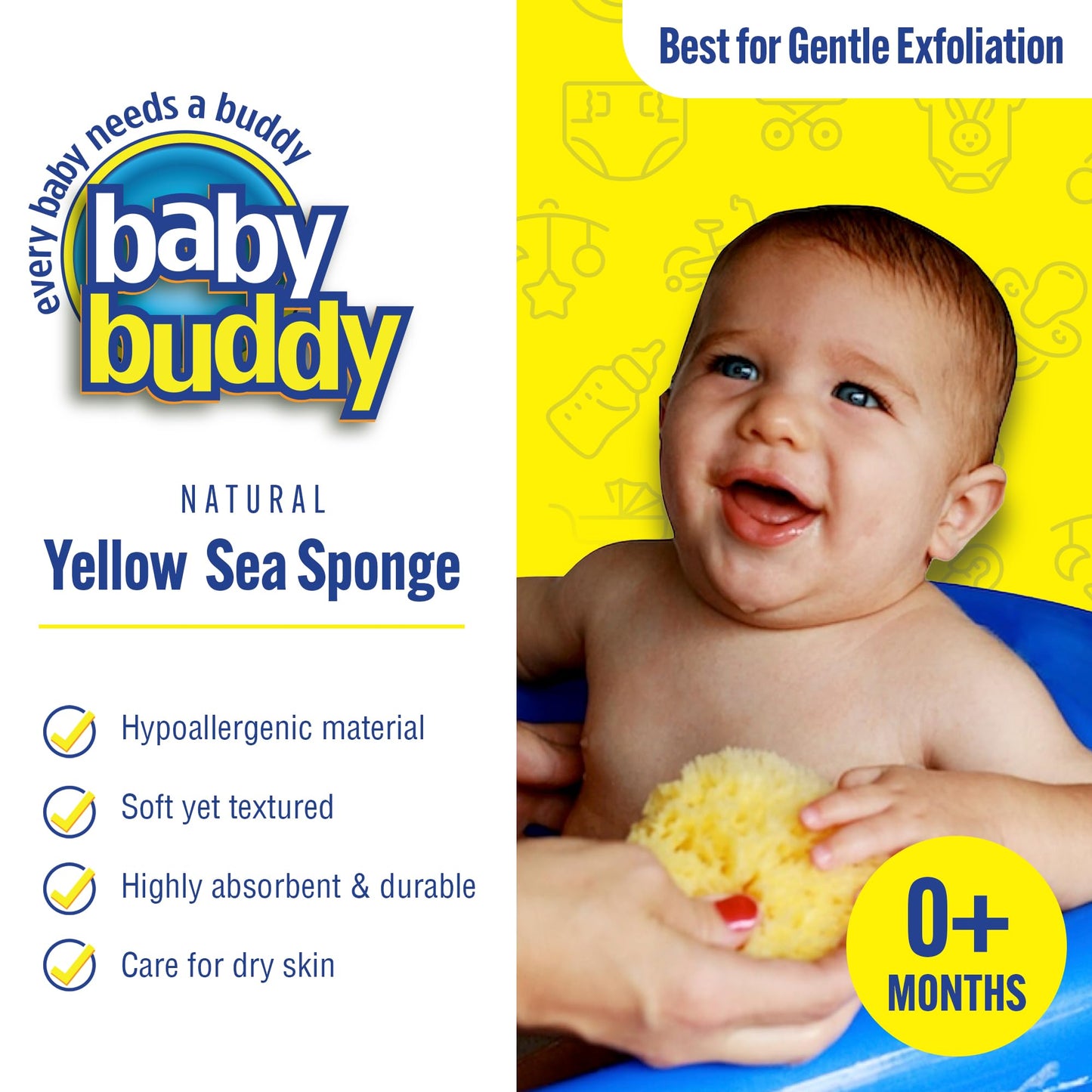 Baby Buddy Baby Bath 4in Yellow Sea Sponge, Absorbent Natural Sea Sponge, Soft on Tender Skin, Biodegradable, Hypoallergenic, Bath Accessories Beauty and Personal Care Baby Buddy